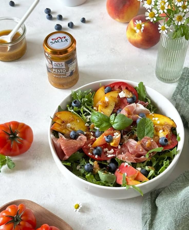 SACLA Pesto with Black Summer Truffle | Italian Basil Pesto Sauce with Real Truffle & Cheese | 6.7 oz Glass Jar | Gourmet Non-GMO Paste | Imported from Italy