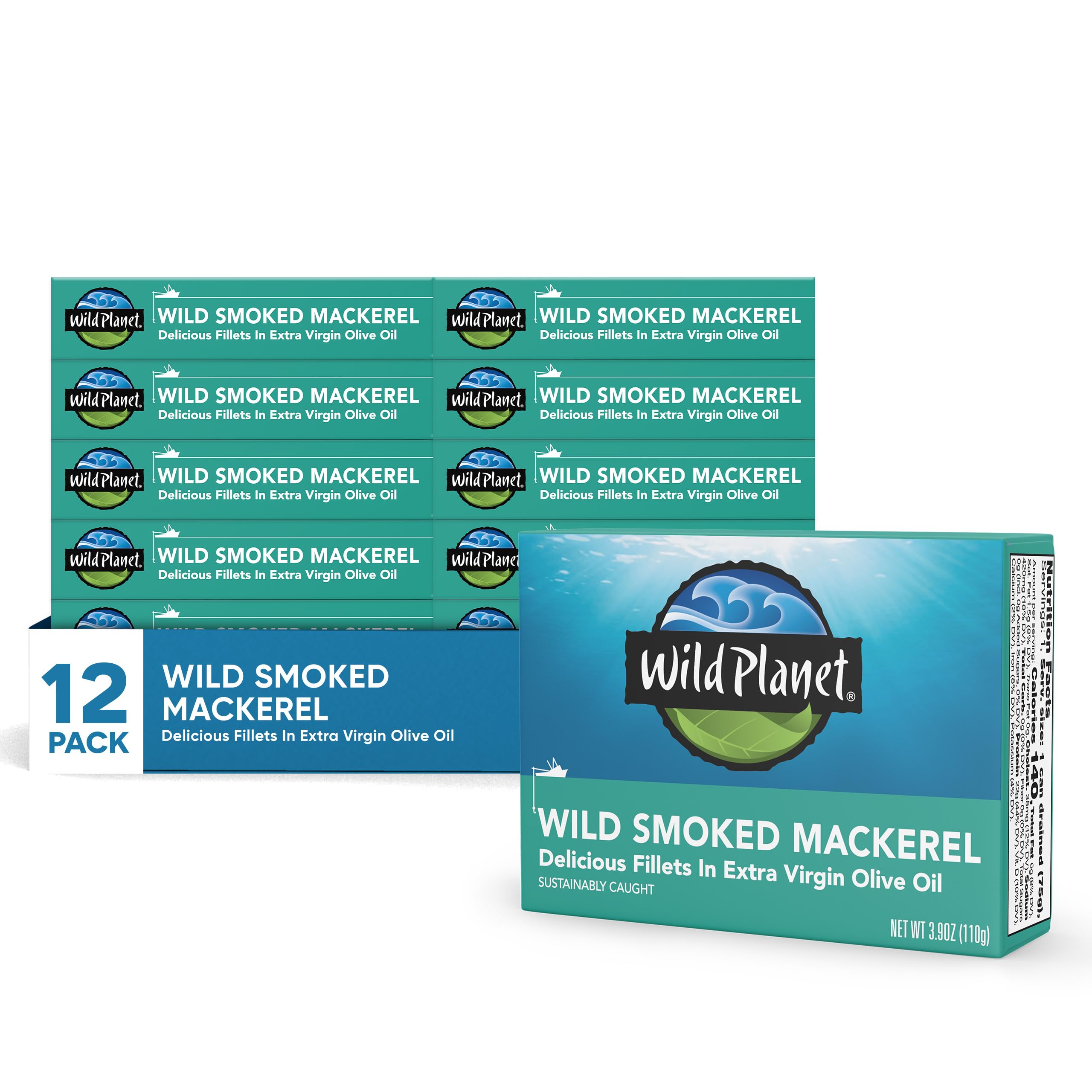 Wild Planet Wild Smoked Mackerel Fillets in Extra Virgin Olive Oil, Tinned Fish, Canned Salmon, Sustainably Wild-Caught, Non-GMO, Keto and Paleo, 3.9 oz