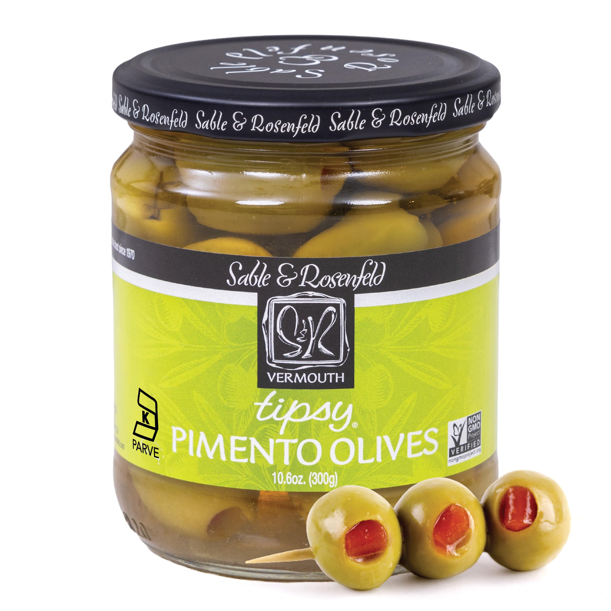 Tipsy Green Olives Stuffed with Pimento - Martini Stuffed Colossal Cocktail Olives with French Vermouth for Bloody Mary Condiments - Sable & Rosenfeld