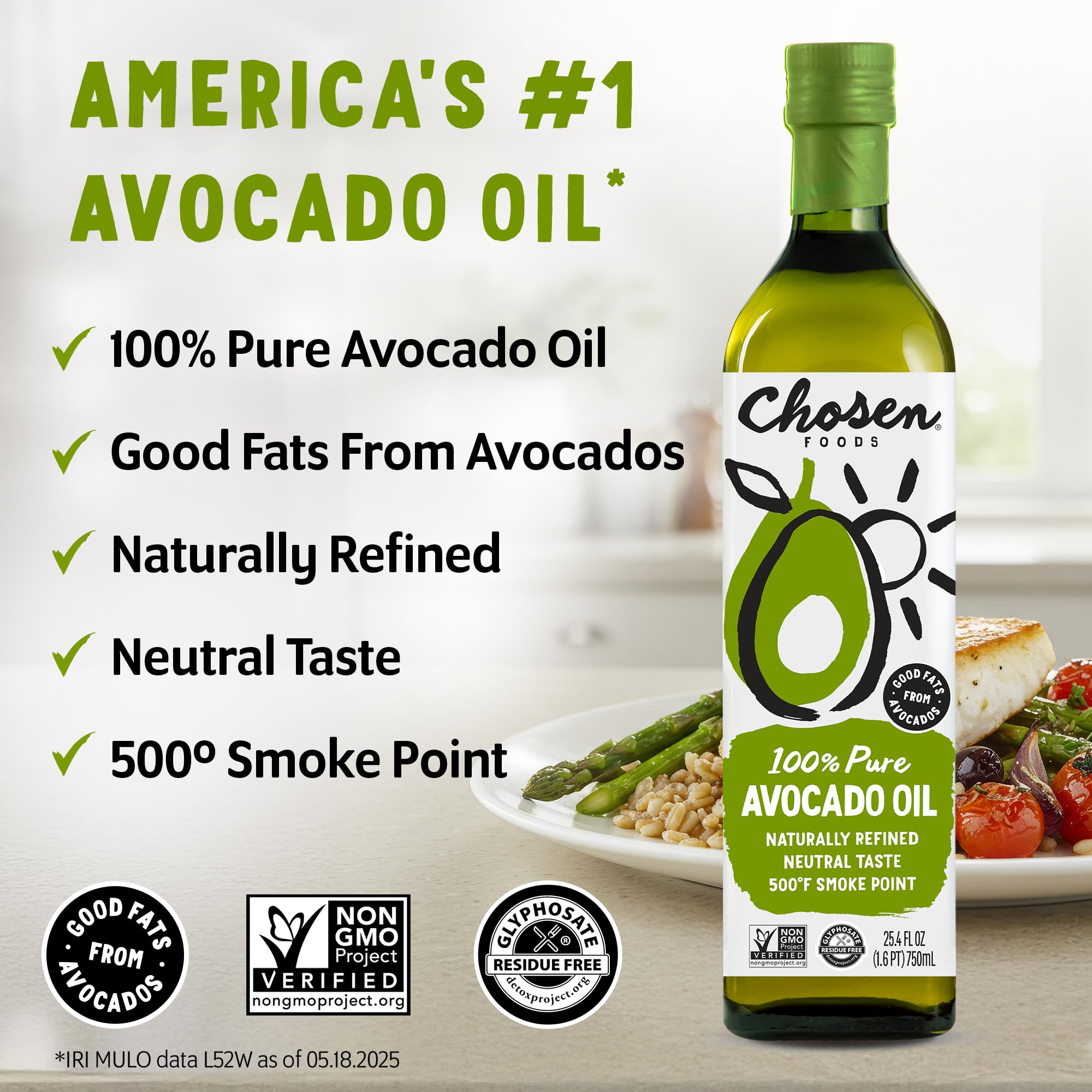 Chosen Foods 100% Pure Avocado Oil, Non-GMO for High-Heat Cooking, Frying, Baking, Homemade Sauces, Dressings, and Marinades