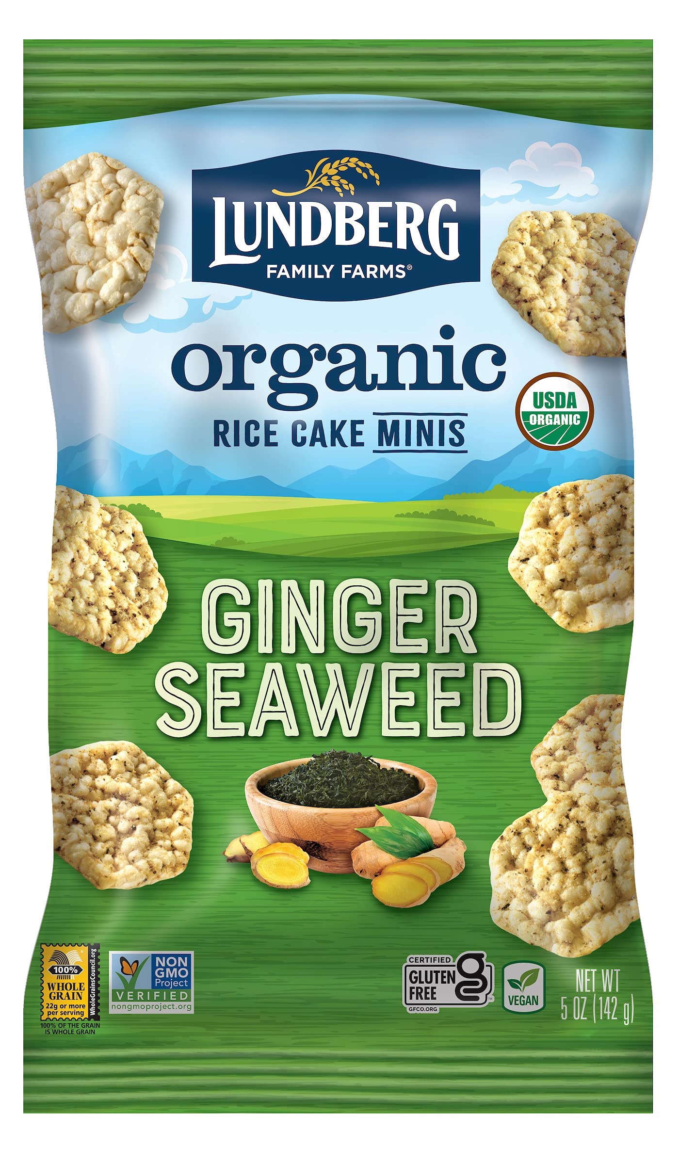 Lundberg Organic Ginger Seaweed Rice Cake Minis, 5oz, Gluten-Free, Vegan, Whole Grain, USDA Certified Organic, Non-GMO Project Verified