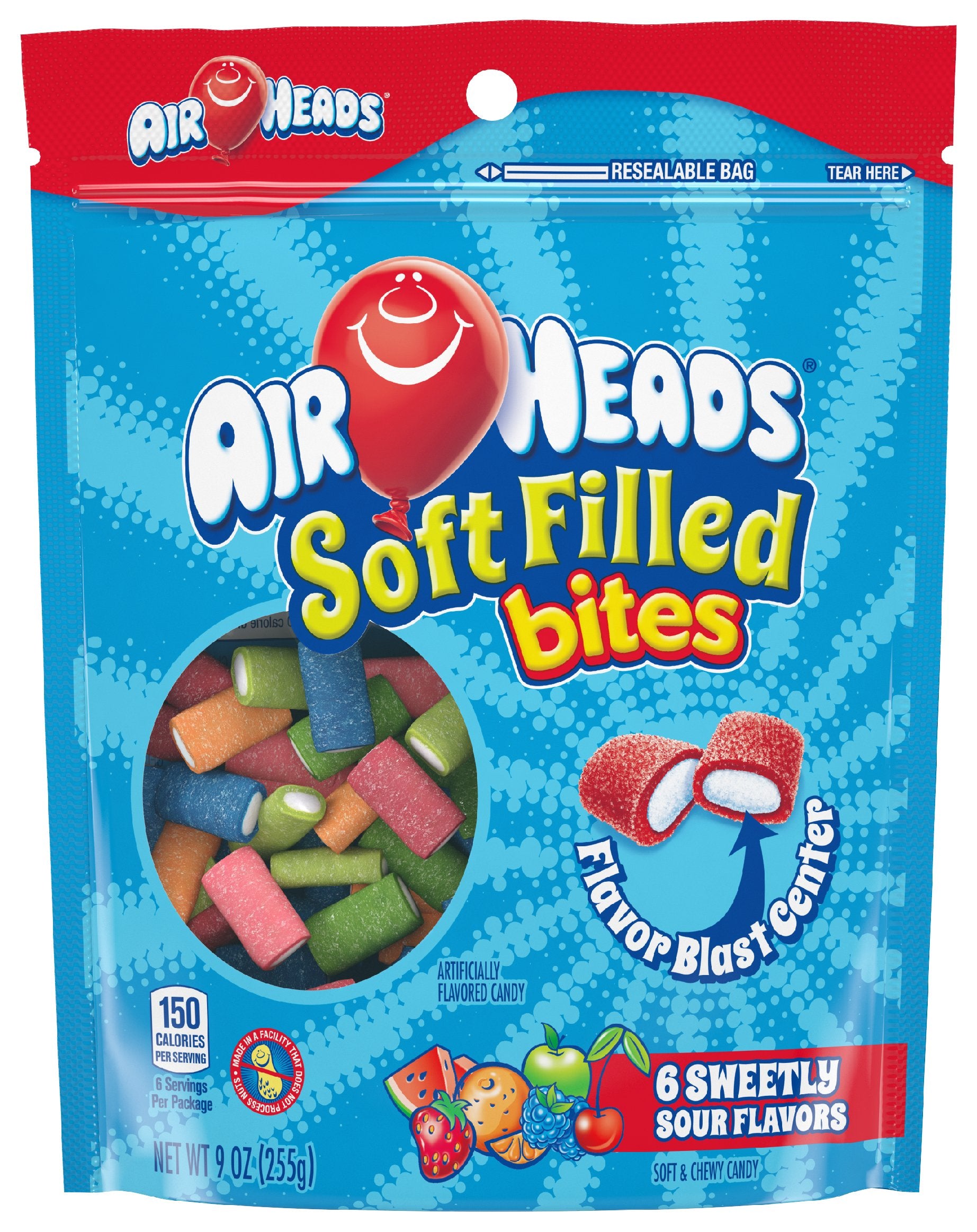 Airheads Soft Filled Candy Bites, Holiday Christmas Stocking Stuffers for Adults & Kids, Assorted Fruit Flavors, Stand Up Bag, Party, Pantry, 9oz Bag, Box of 12 Bags