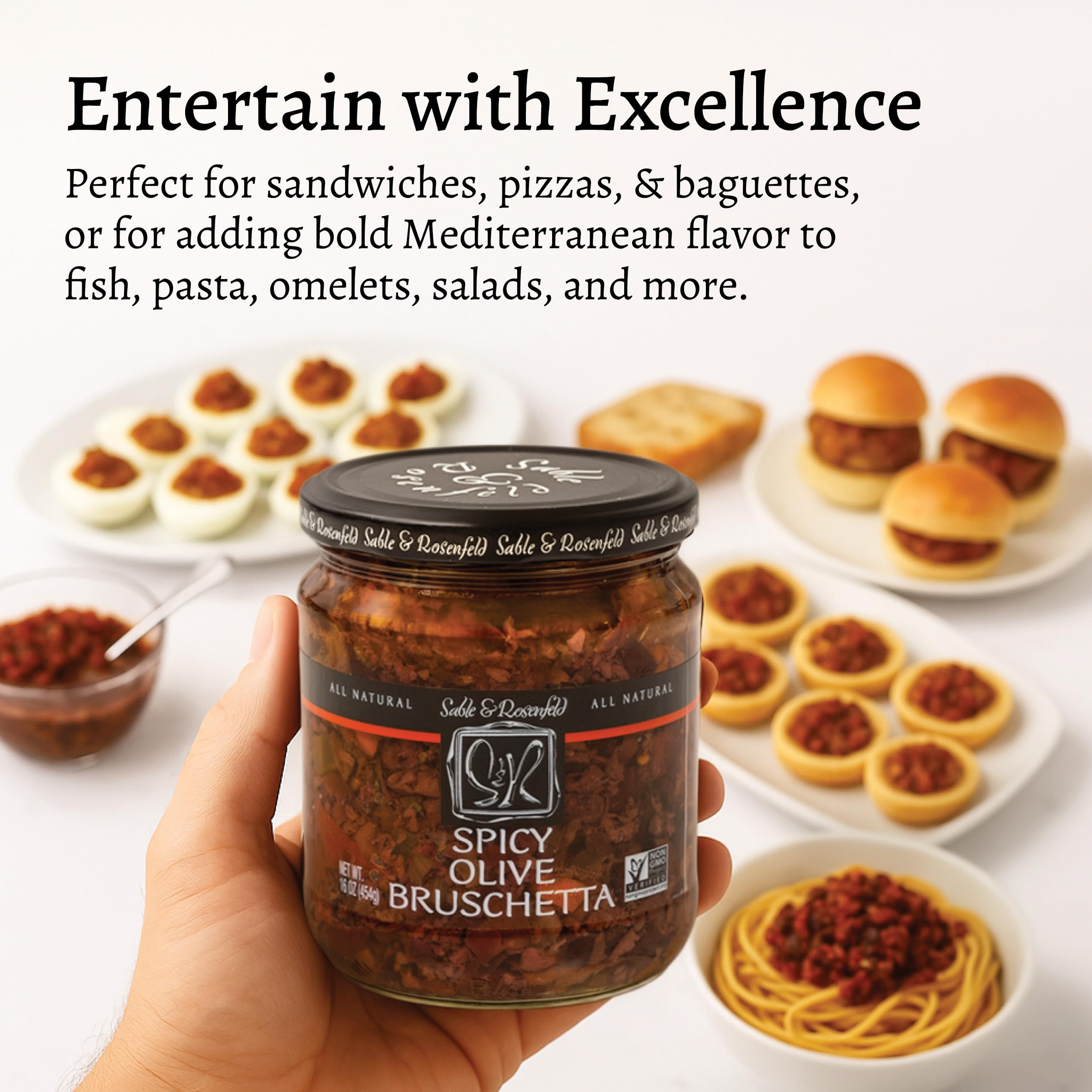 Spicy Olive Bruschetta - Kalamata Sandwich Spread with Peppers and Olive Oil for Muffuletta, Sandwiches, Dips, Crackers, Salads, & Appetizers, Non-GMO - Sable & Rosenfeld - 16 oz