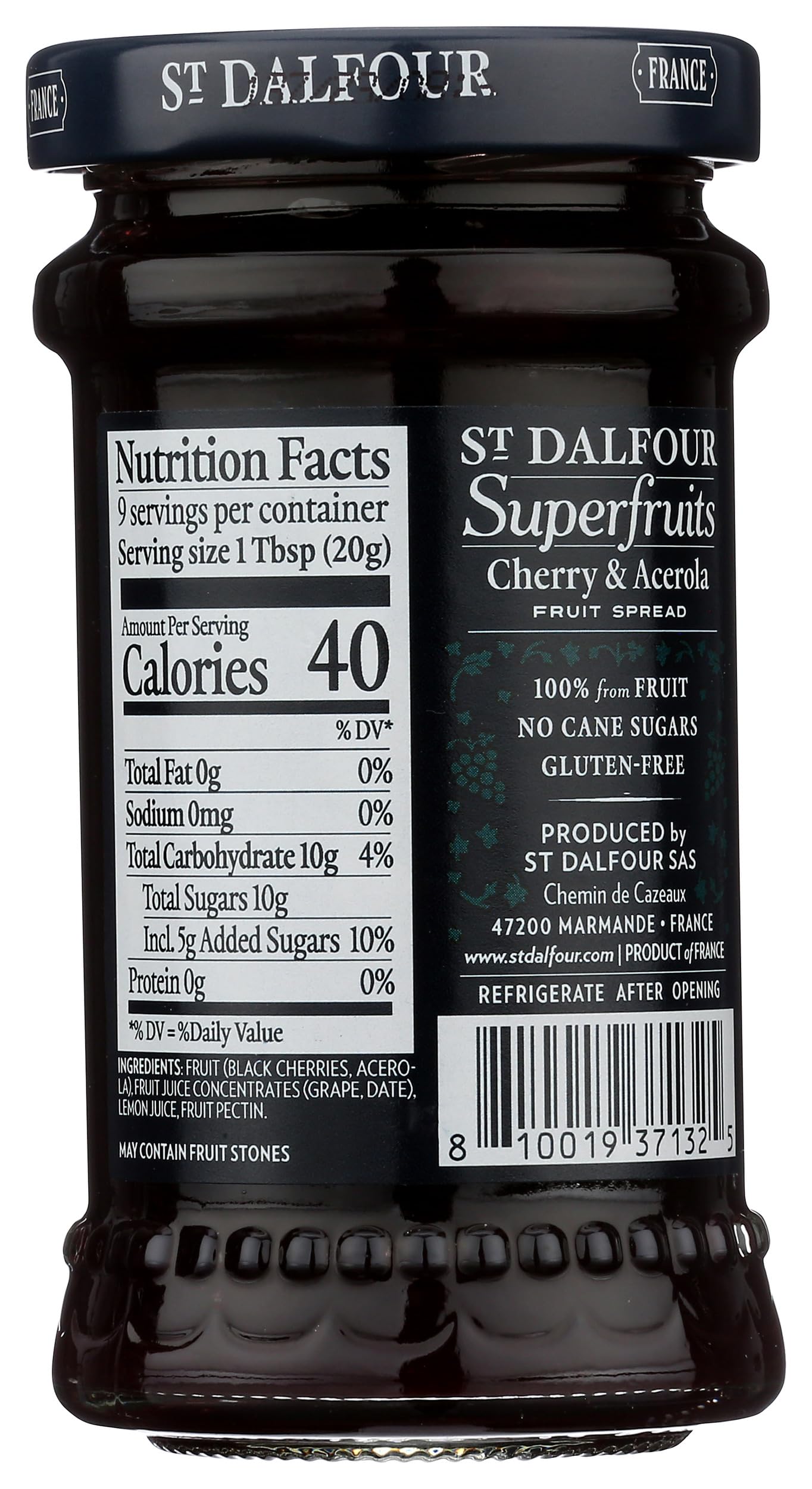 St. Dalfour Superfruits Cherry & Acerola Fruit Spread - 6 oz - 100% from Fruit, Gluten-Free, No Artificial Ingredients, Non-GMO, All Natural, Made in France