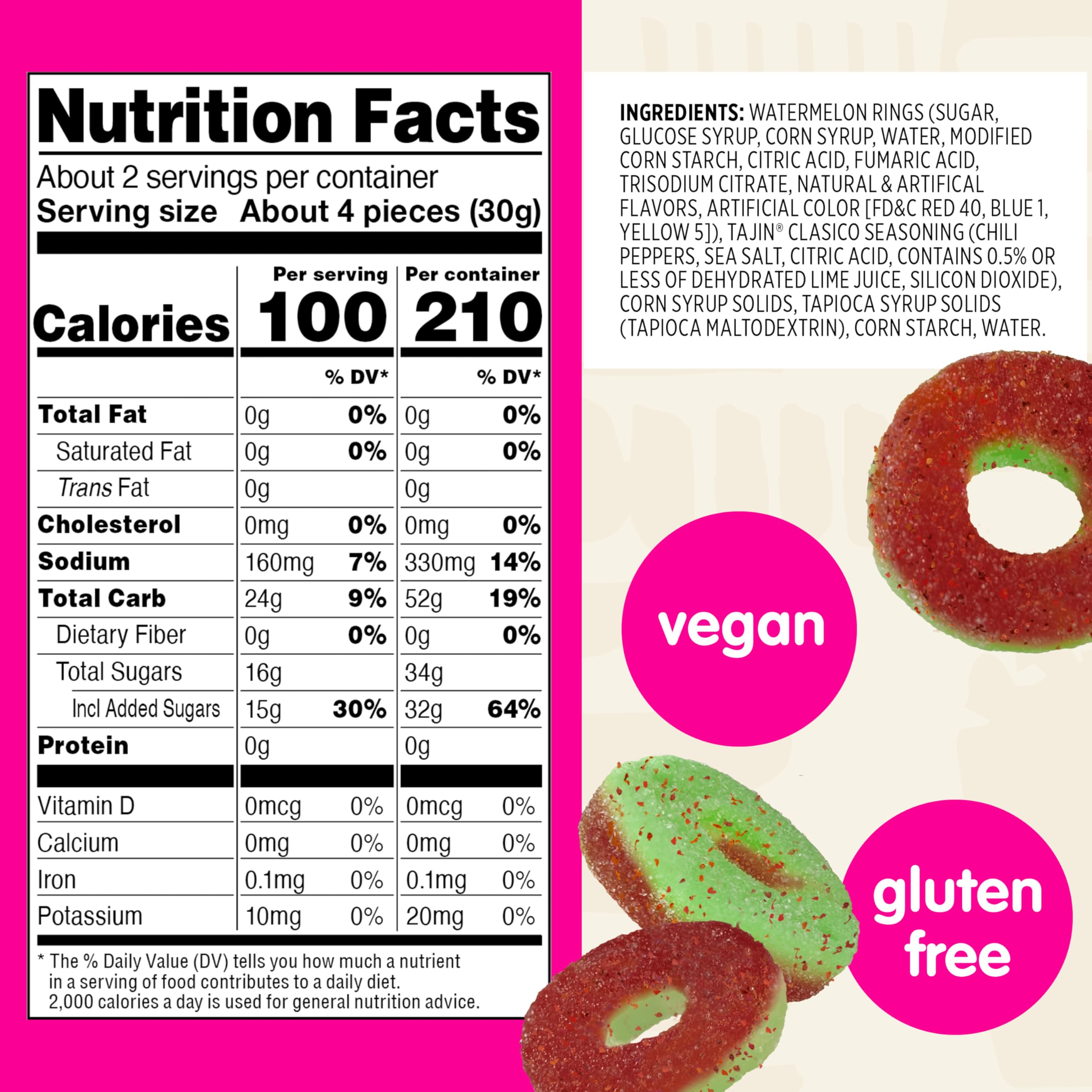 Snak Club Tajin Gummy Candy Fruit Rings, Gummies with Chili and Lime Seasoning, Mild Spice, Gluten-Free and Vegan Snacks