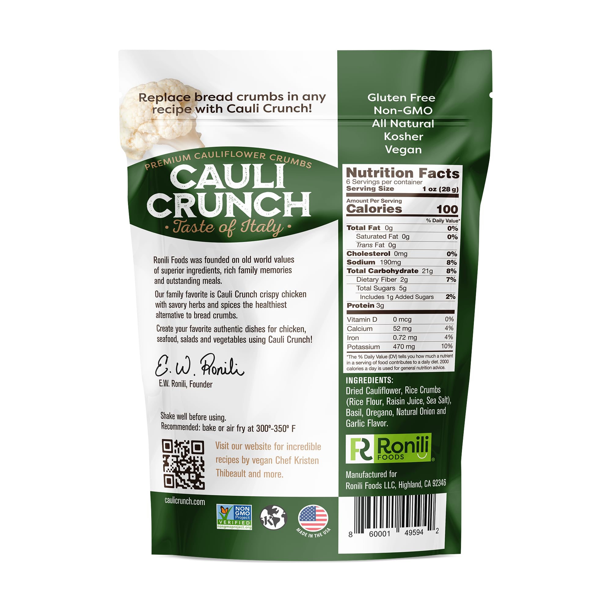 Cauli Crunch | Italian Cauliflower Gluten Free Bread Crumbs – Italian Bread-Free Breadrucmbs, Certified Gluten Free + NON-GMO, Vegan, Kosher Bread Crumb, 2-PACK, (Taste Of Italy)