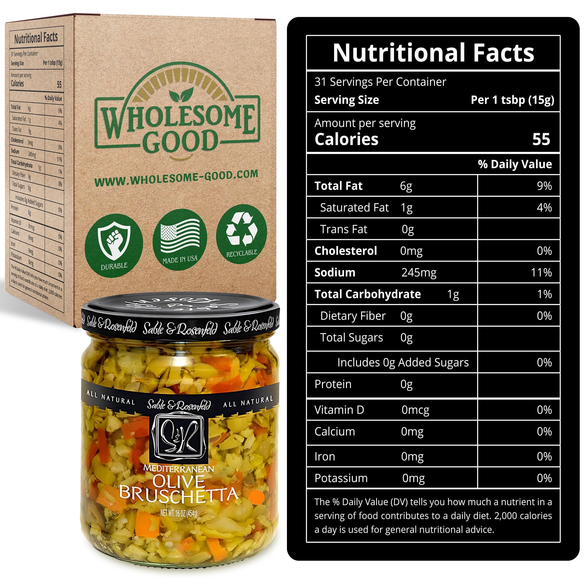 Spicy Olive Bruschetta - Kalamata Sandwich Spread with Peppers and Olive Oil for Muffuletta, Sandwiches, Dips, Crackers, Salads, & Appetizers, Non-GMO - Sable & Rosenfeld - 16 oz