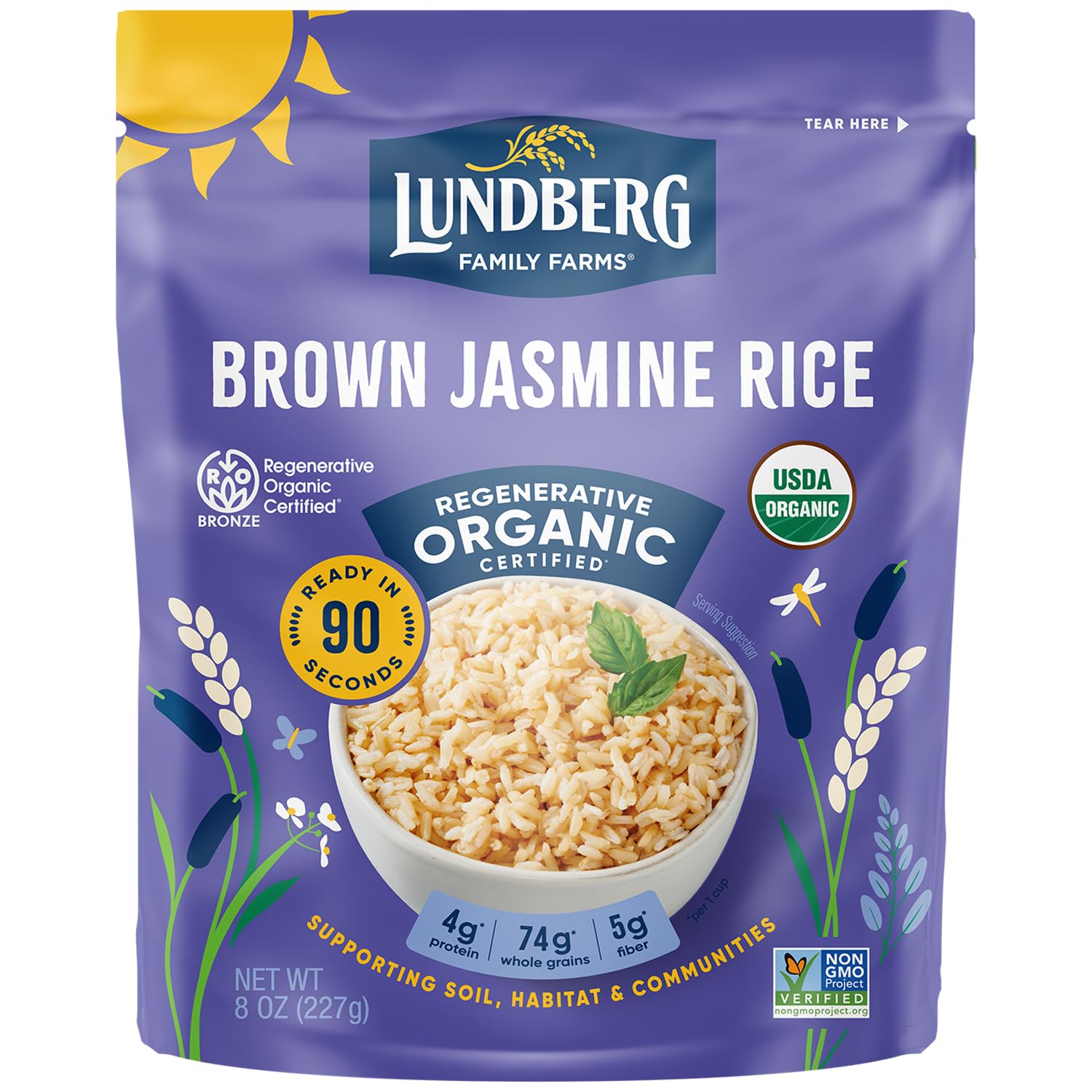 Lundberg Brown Jasmine Rice, Ready in 90 Seconds – RegenerativeOrganic Certified Long Grain Brown Rice, Microwavable, Fluffy, Non-Sticky, Aromatic Organic Rice, 8 Oz