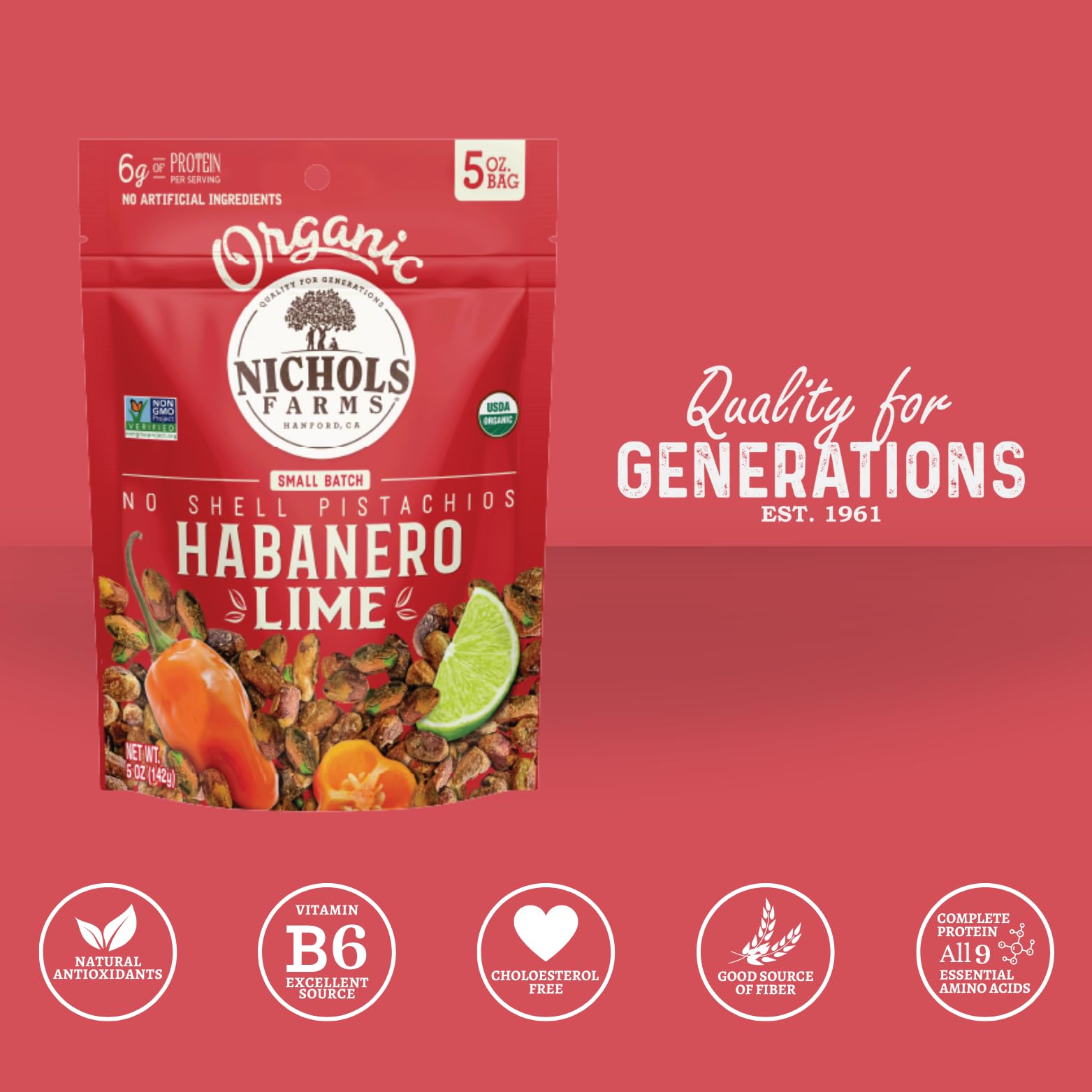 Nichols Farms Pistachios - Fresh and Crispy Roasted No Shell Pistachio - Low Calorie Nuts Snack Packs - Non-GMO, California Grown Nut Pistachios - Healthy, Lightly Salted, Low Cal Party Snack - 6 Oz