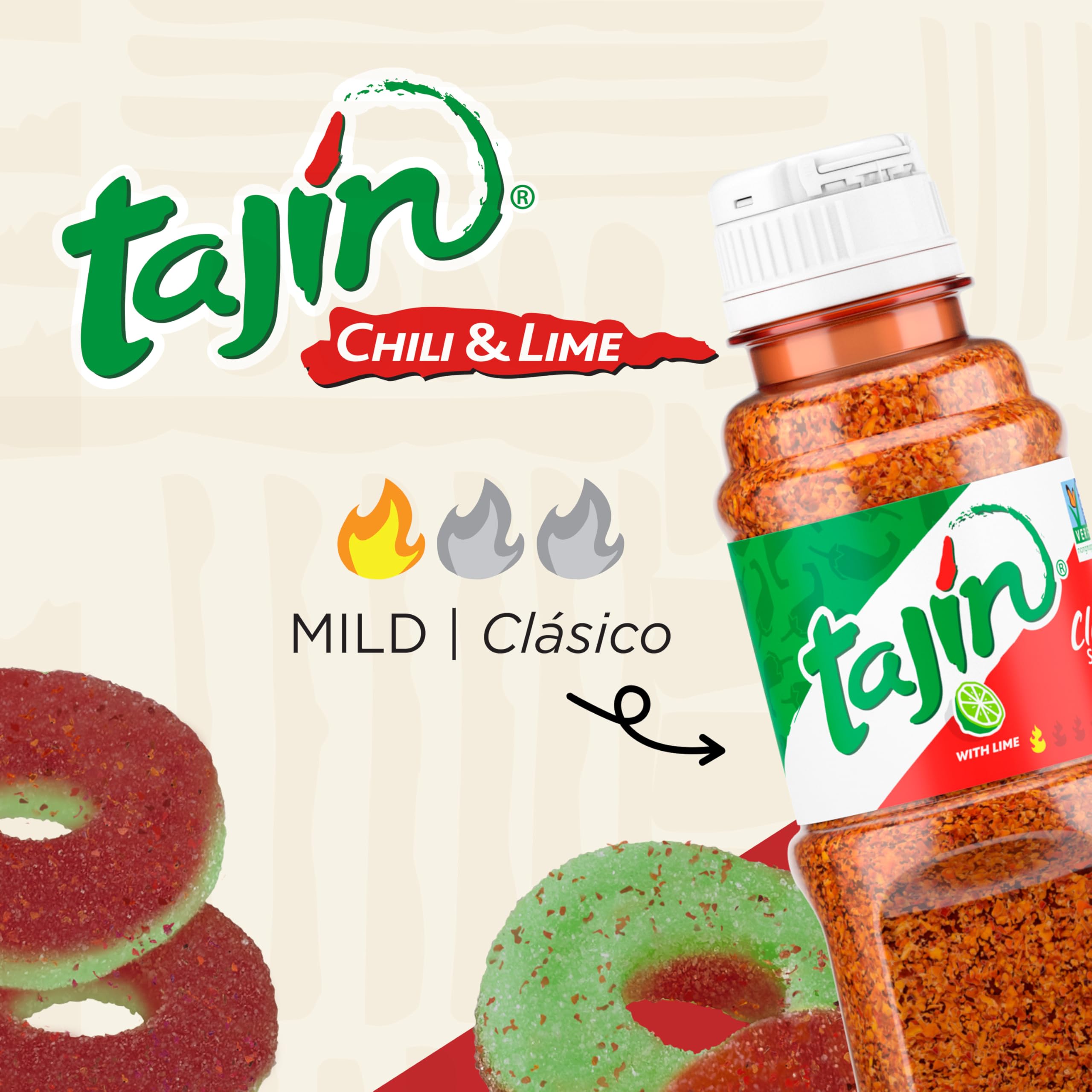 Snak Club Tajin Gummy Candy Fruit Rings, Gummies with Chili and Lime Seasoning, Mild Spice, Gluten-Free and Vegan Snacks