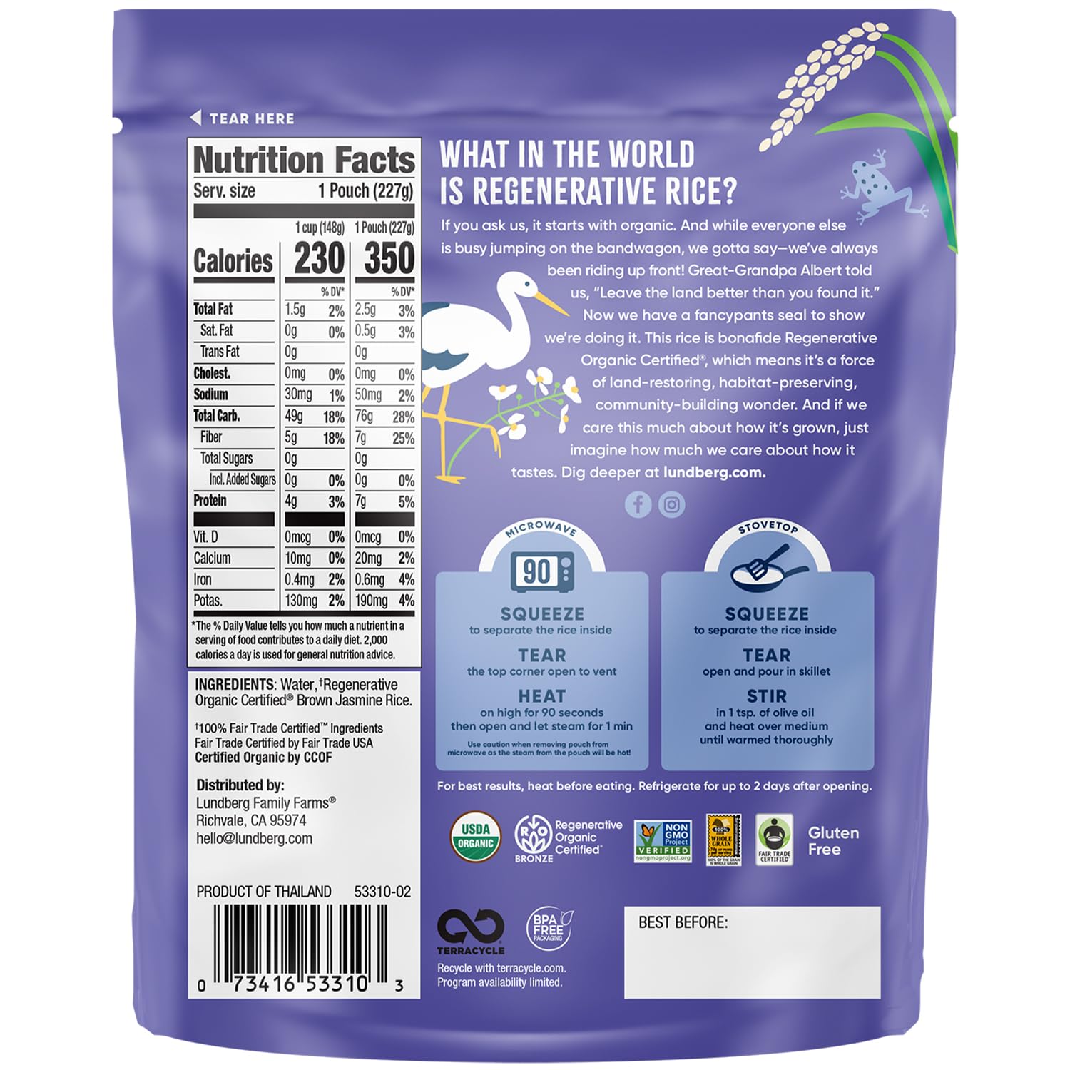 Lundberg Brown Jasmine Rice, Ready in 90 Seconds – RegenerativeOrganic Certified Long Grain Brown Rice, Microwavable, Fluffy, Non-Sticky, Aromatic Organic Rice, 8 Oz