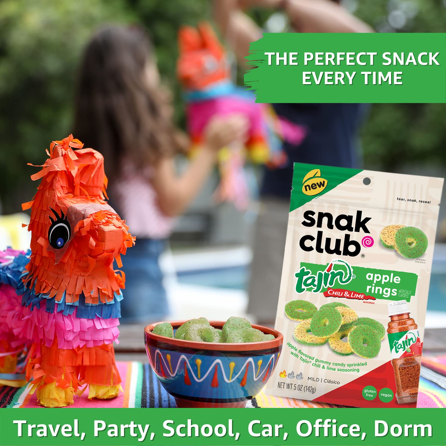 Snak Club Tajin Gummy Candy Fruit Rings, Gummies with Chili and Lime Seasoning, Mild Spice, Gluten-Free and Vegan Snacks