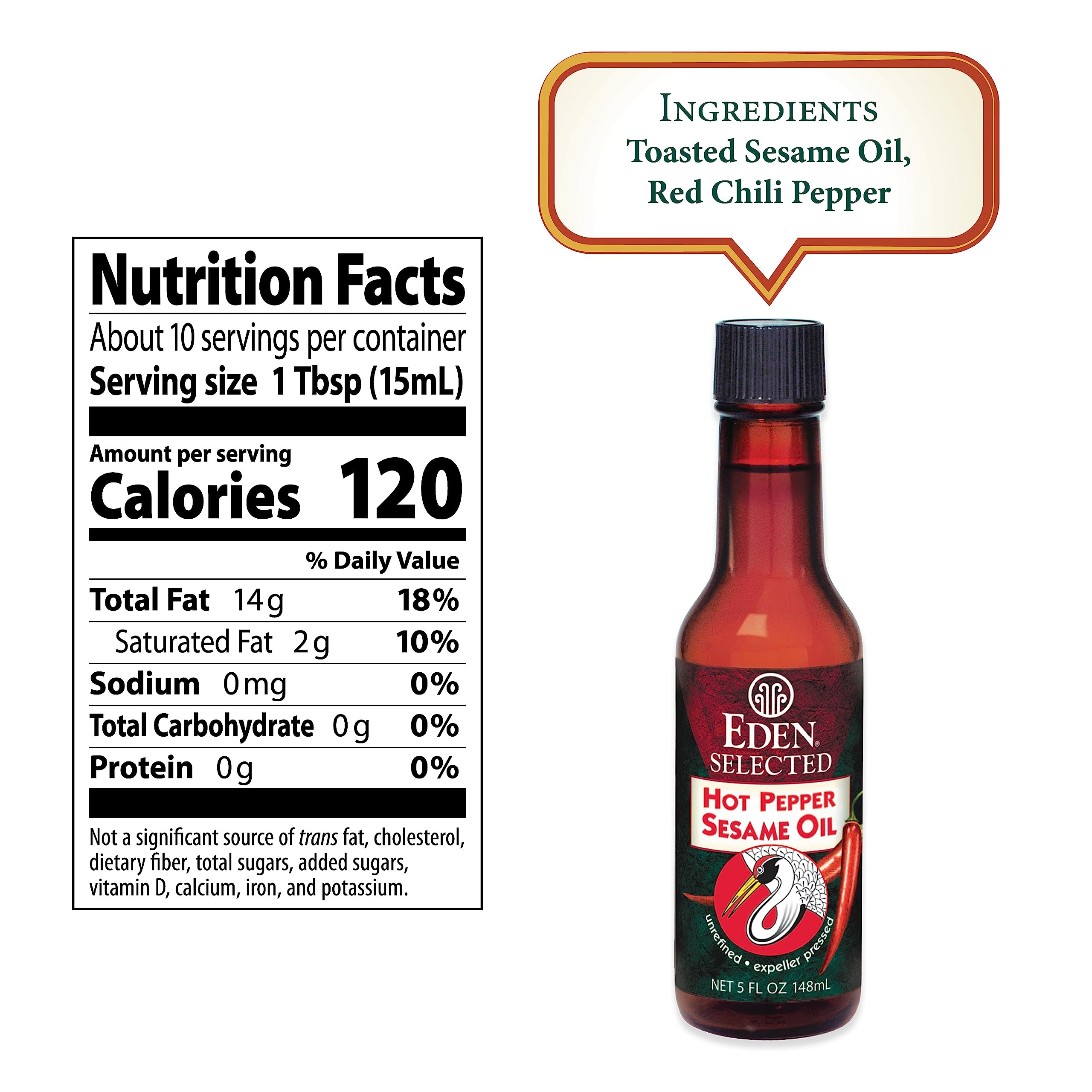 Eden Hot Pepper Toasted Sesame Chili Oil, Unrefined Expeller Pressed, 5 oz Amber Glass Bottle