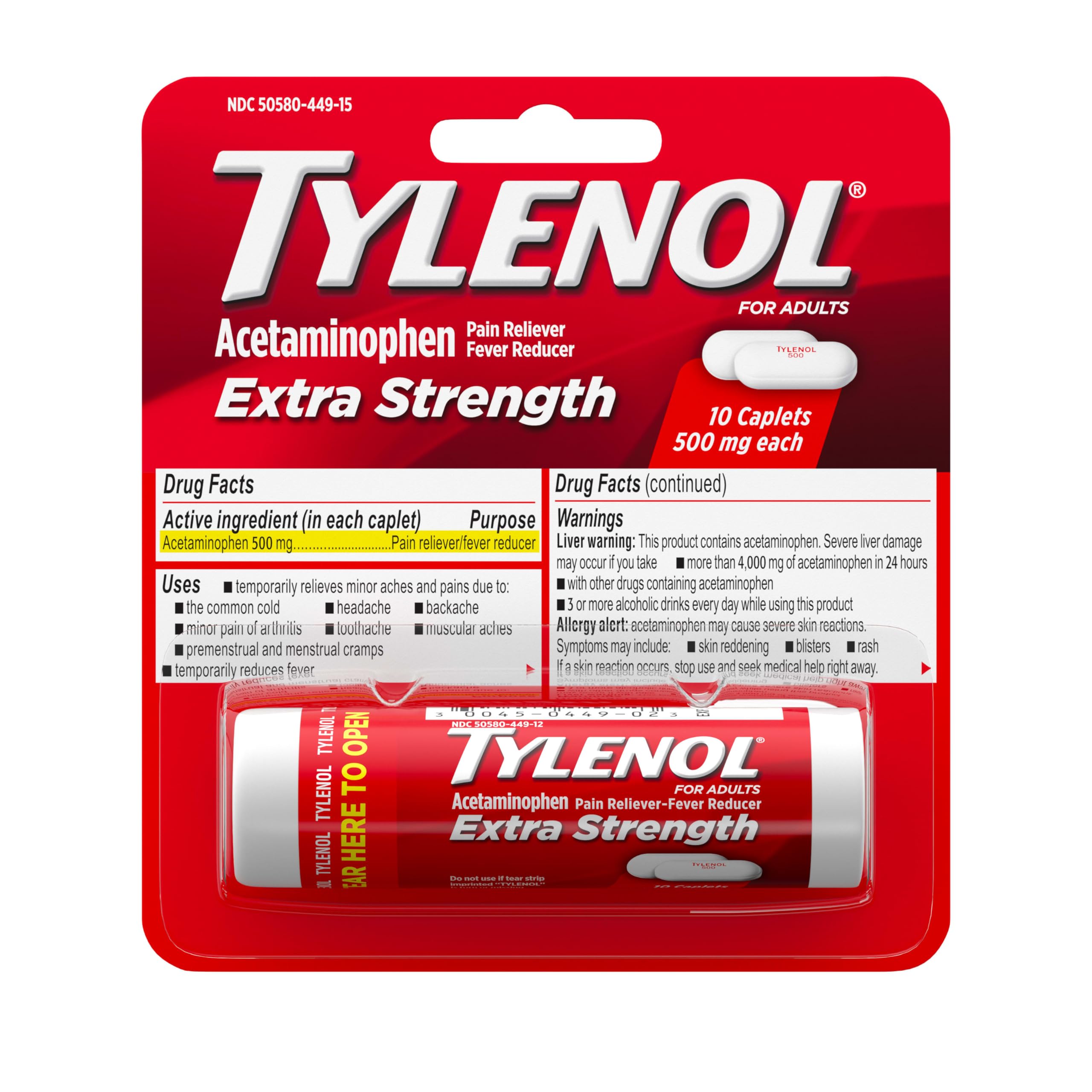 Tylenol Extra Strength Pain Reliever and Fever Reducer Caplets, 500 mg Acetaminophen Pain Relief Pills for Headache, Backache