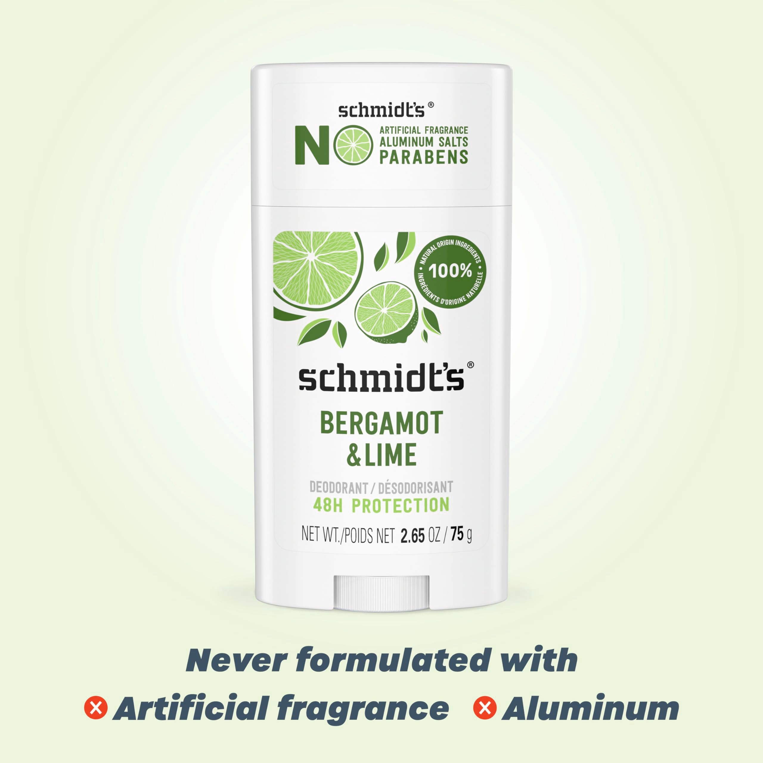 Schmidt's Aluminum-Free Vegan Deodorant Bergamot & Lime 4 Count for Women and Men, with 24 Hour Odor Protection, Natural Ingredients, Cruelty-Free, 2.65 oz