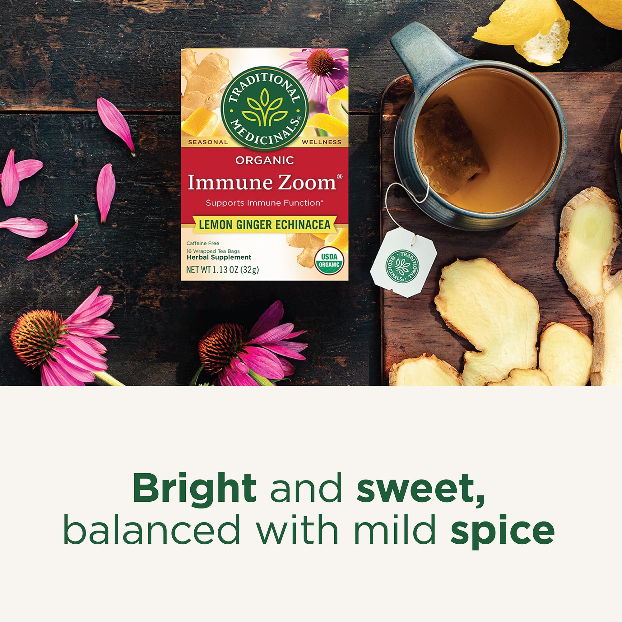 Traditional Medicinals Tea, Organic Immune Zoom Lemon Ginger - Supports Immune Function - Kosher, Non-GMO, Caffeine-Free, Compostable - 96 Tea Bags (6 Pack)