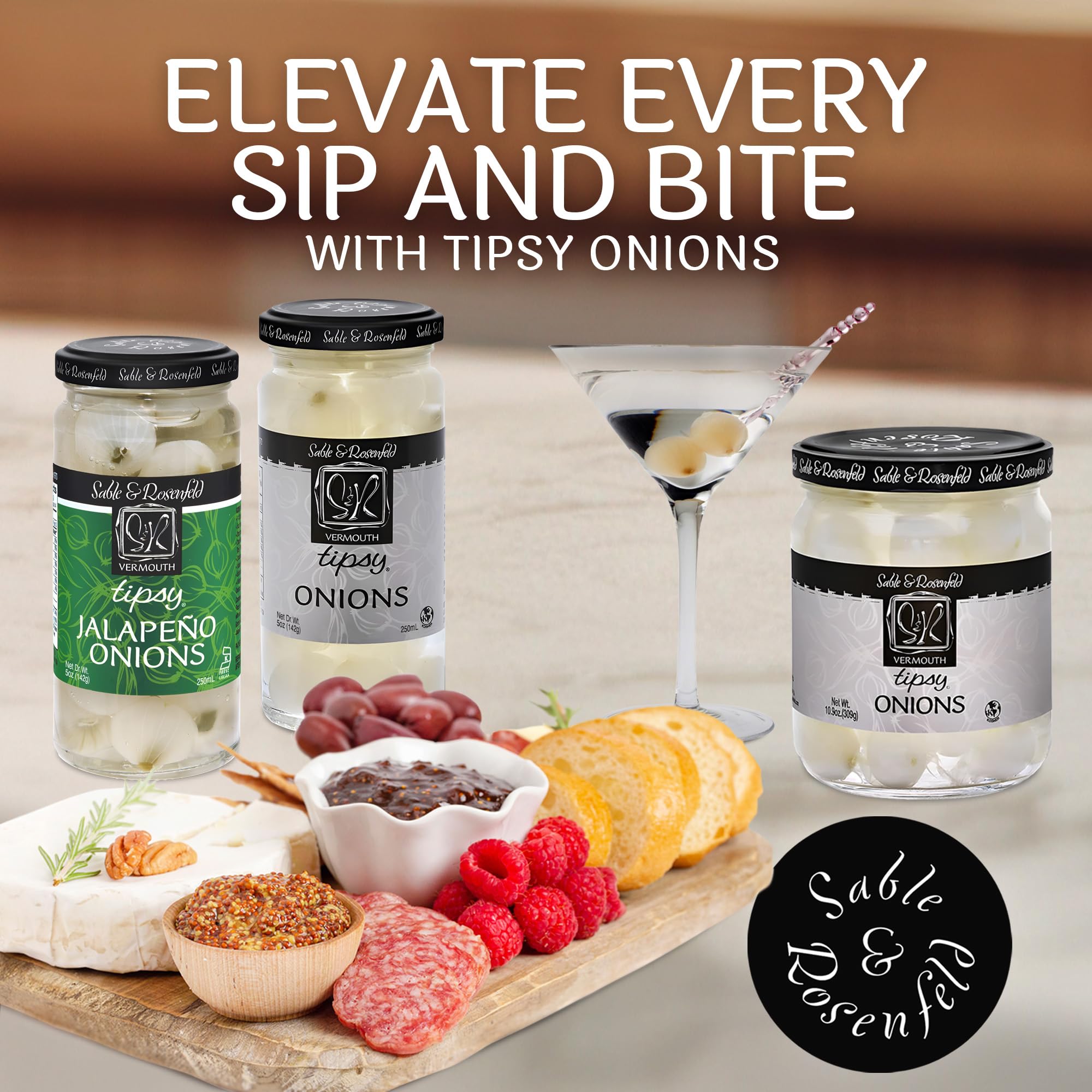 Tipsy Cocktail Onions in Jar with French Vermouth - Pickled Silverskin Onions for Cocktails, Appetizers, and Hors d'Oeuvres, Kosher Parve - Sable & Rosenfeld - 5 oz