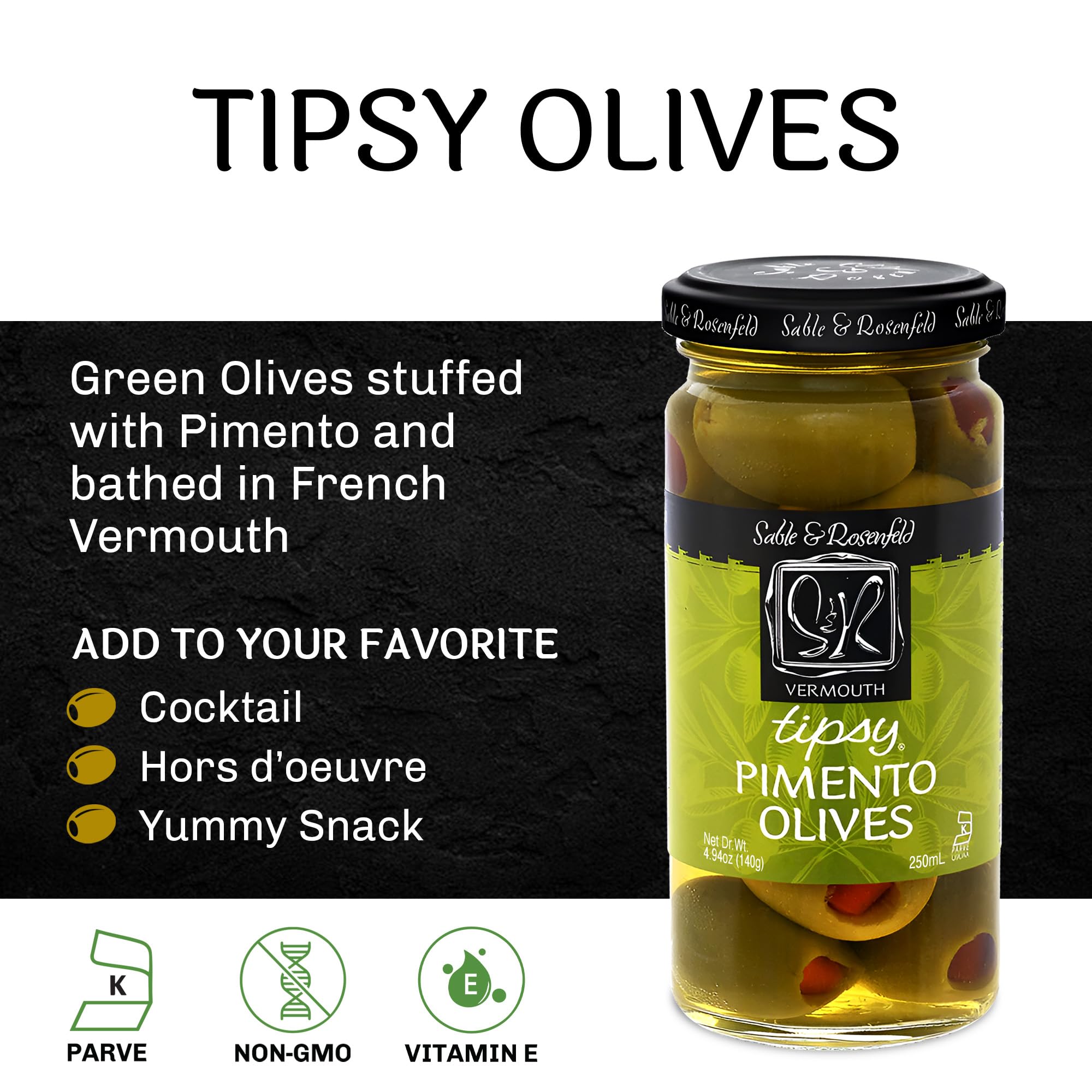 Tipsy Green Olives Stuffed with Pimento - Martini Stuffed Colossal Cocktail Olives with French Vermouth for Bloody Mary Condiments - Sable & Rosenfeld