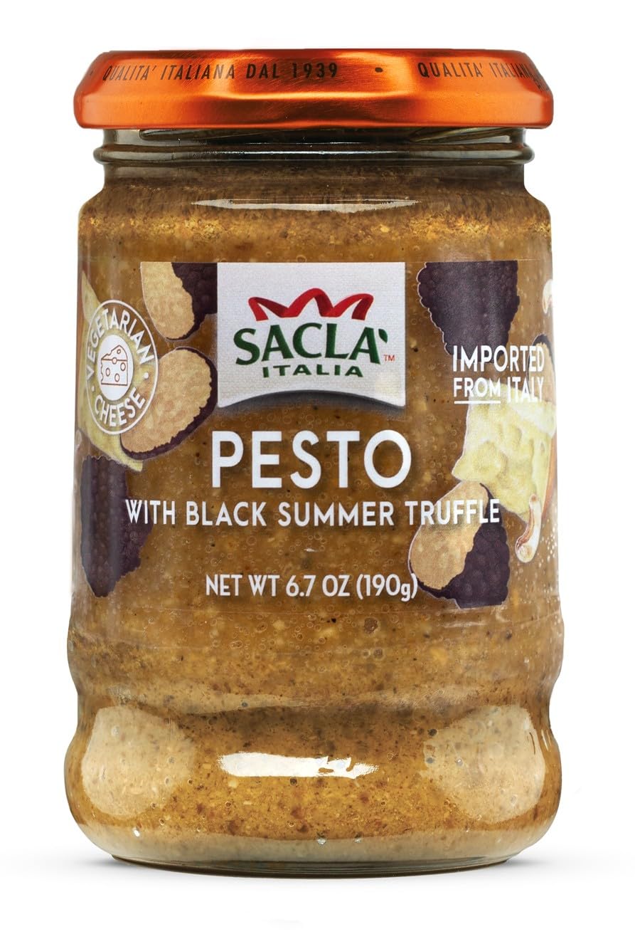 SACLA Pesto with Black Summer Truffle | Italian Basil Pesto Sauce with Real Truffle & Cheese | 6.7 oz Glass Jar | Gourmet Non-GMO Paste | Imported from Italy