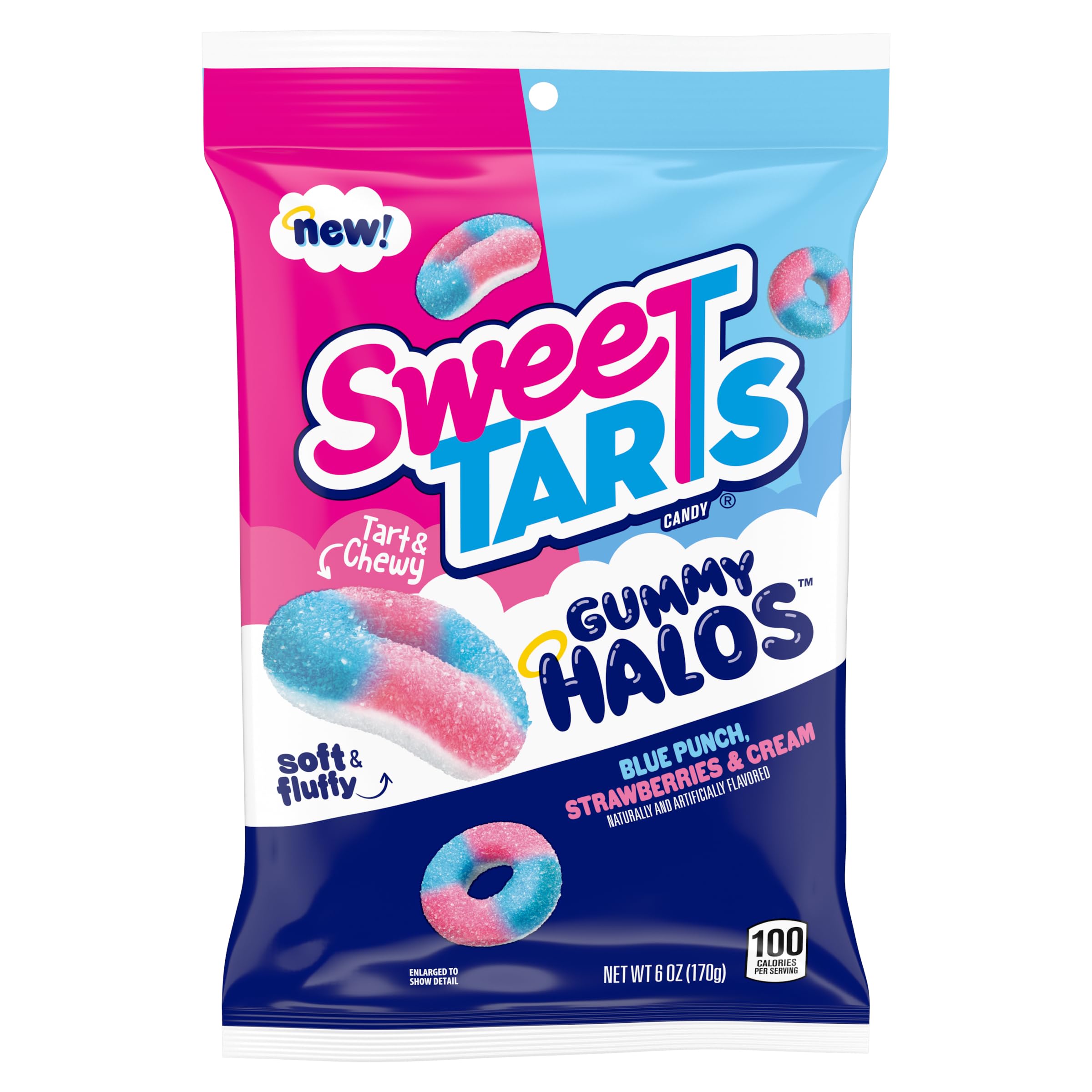SweeTARTS Halos, Candy, Blue Punch and Strawberries and Cream, Tart and Chewy, Soft and Fluffy, 6 oz