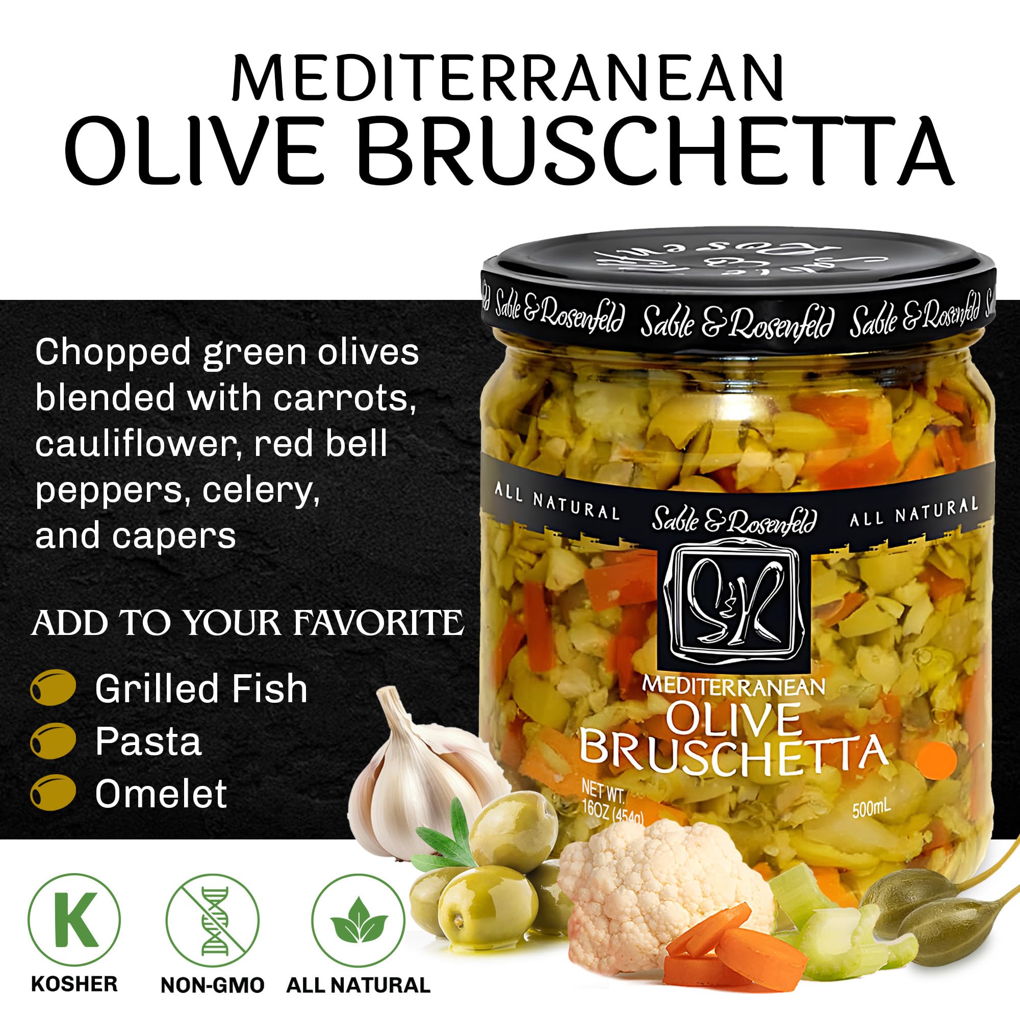 Mediterranean Olive Bruschetta - Gluten-Free Sandwich Spread with Olive Oil for Muffuletta, Sandwiches, Dips, Crackers, Salads, & Appetizers, Kosher - Sable & Rosenfeld