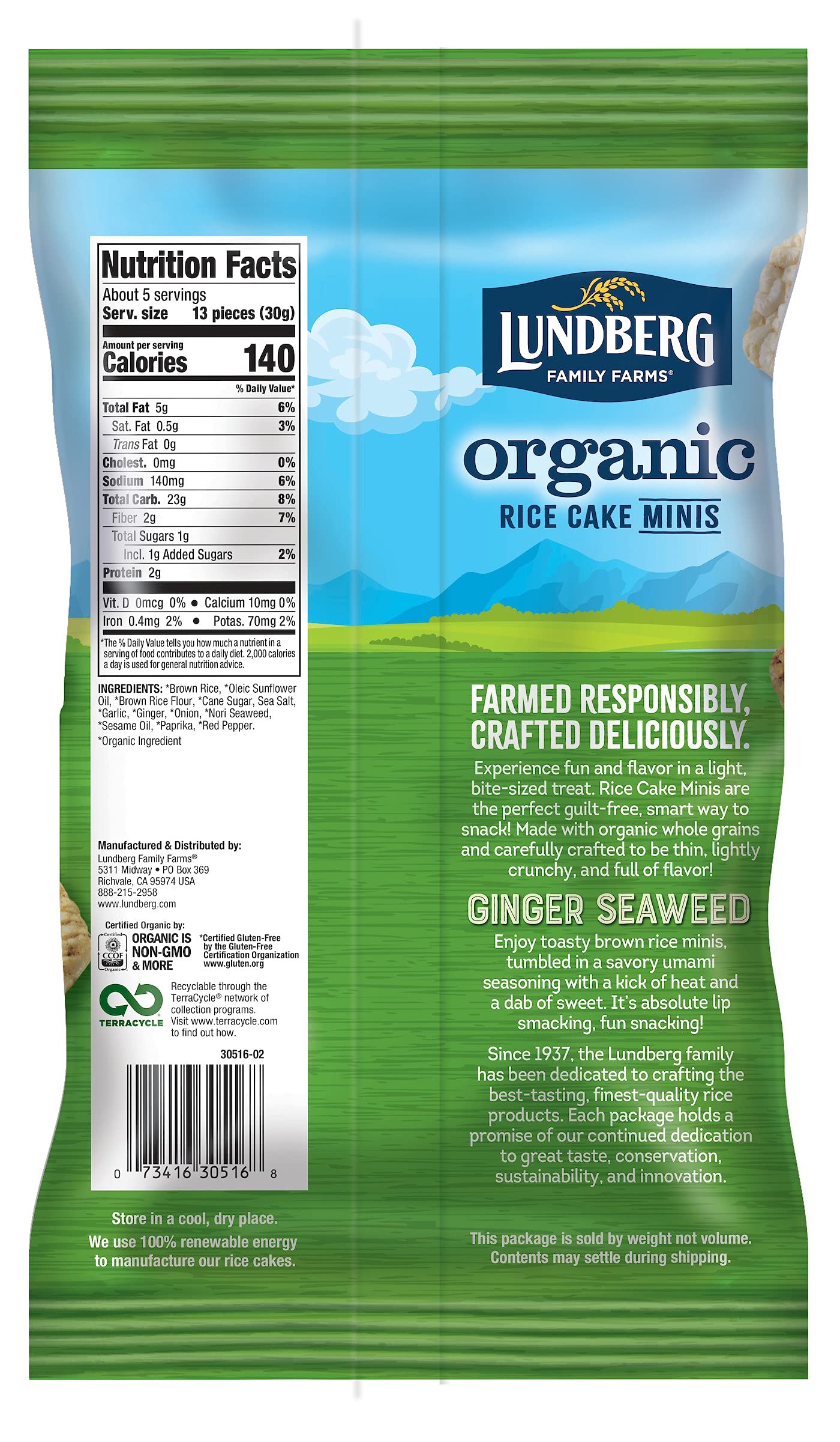 Lundberg Organic Ginger Seaweed Rice Cake Minis, 5oz, Gluten-Free, Vegan, Whole Grain, USDA Certified Organic, Non-GMO Project Verified