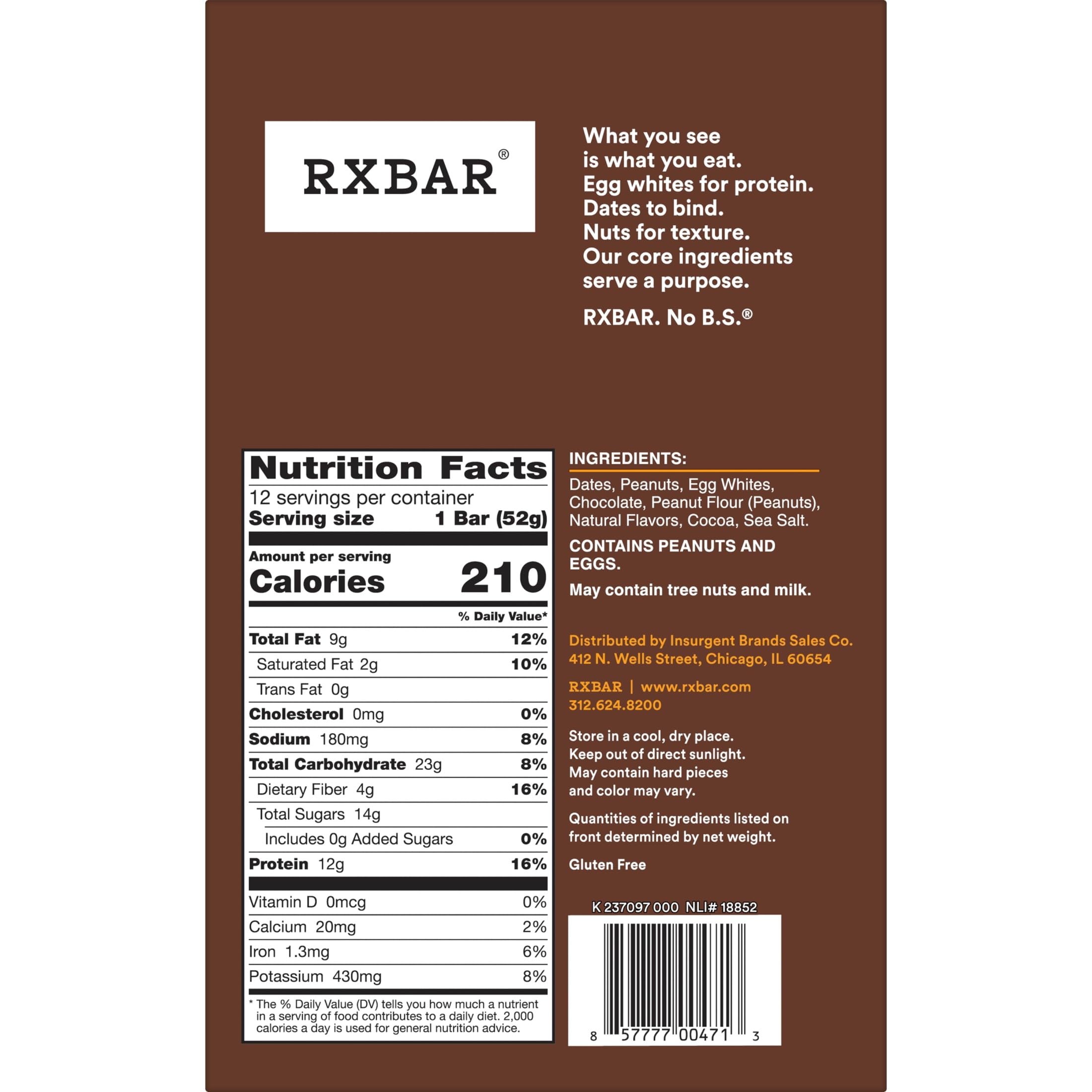 RXBAR Protein Bars, Protein Snack, Snack Bars, Peanut Butter Chocolate, 22oz Box (12 Count)