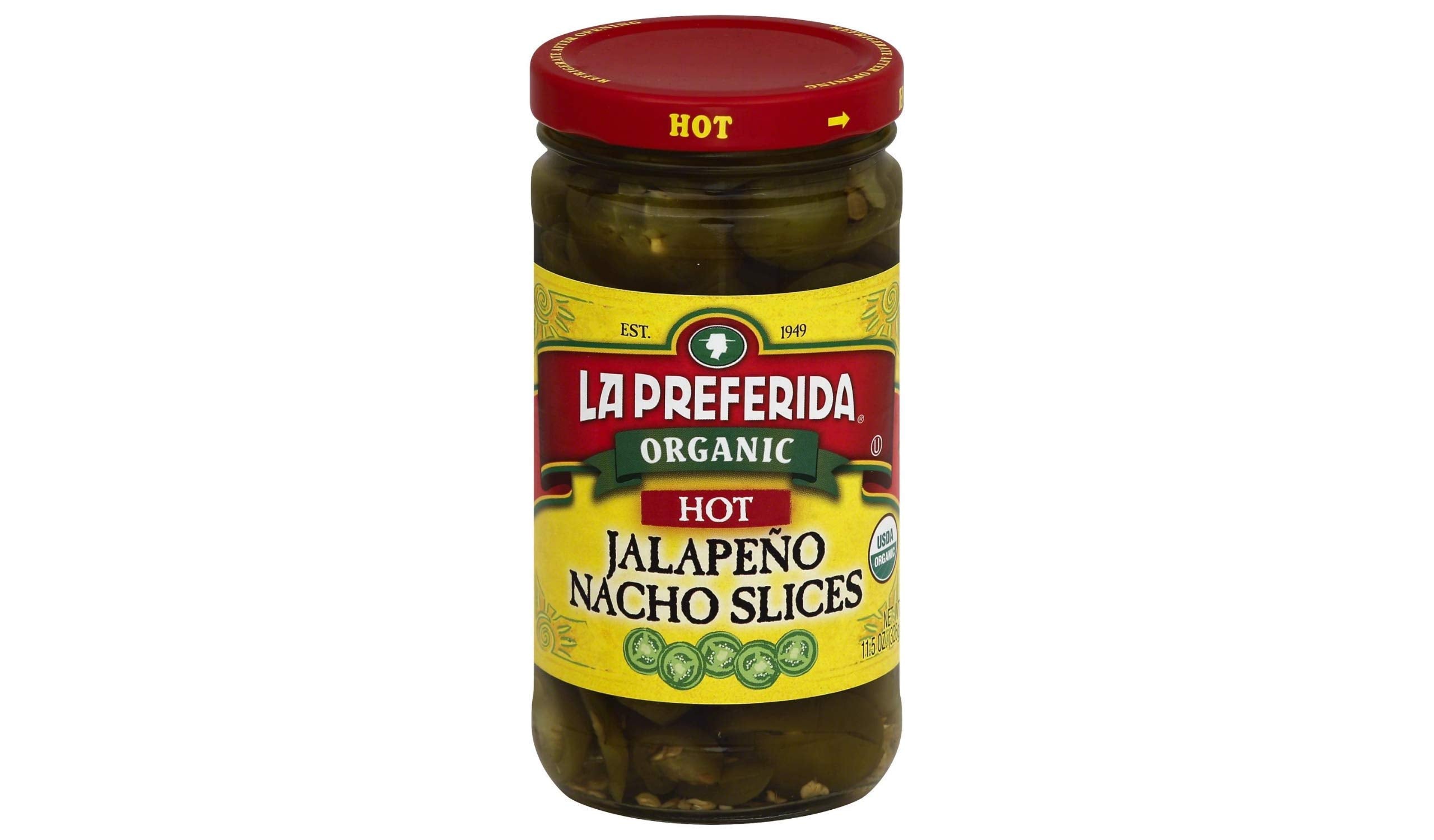 La Preferida Organic Hot Jalapeño Nacho Slices (Spicy Pickled Peppers with Carrots) – USDA Certified, No Added Sugar. Great on Nachos, Tacos & Bowls, 11.5oz.