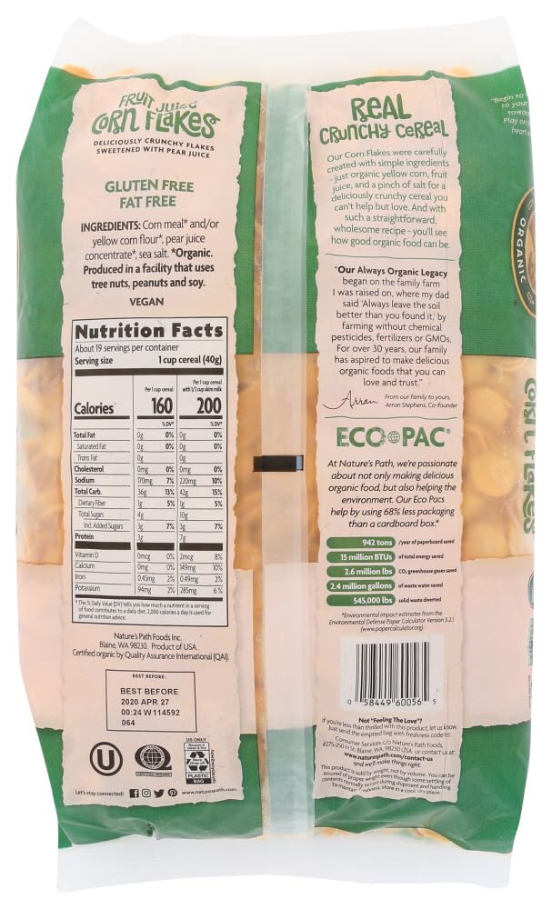 Nature's Path Organic Gluten Free Corn Flakes Fruit Juice Sweetened -- 26.4 oz - 2 pc
