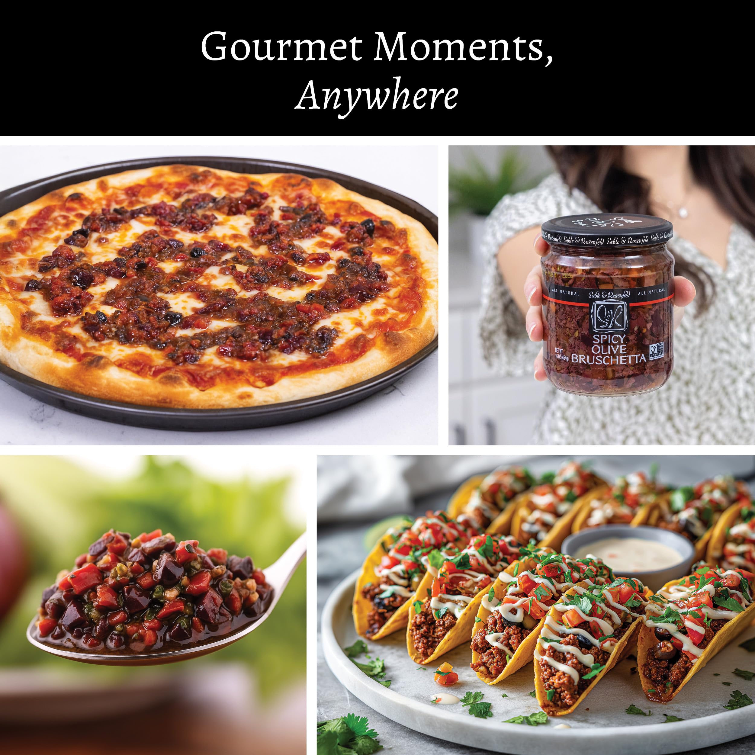 Spicy Olive Bruschetta - Kalamata Sandwich Spread with Peppers and Olive Oil for Muffuletta, Sandwiches, Dips, Crackers, Salads, & Appetizers, Non-GMO - Sable & Rosenfeld - 16 oz