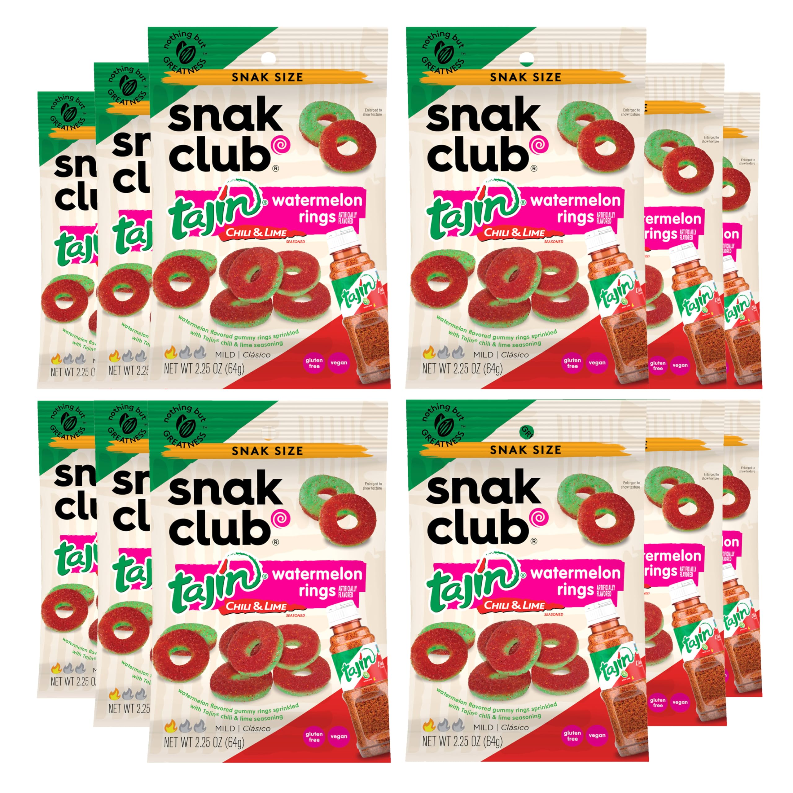Snak Club Tajin Gummy Candy Fruit Rings, Gummies with Chili and Lime Seasoning, Mild Spice, Gluten-Free and Vegan Snacks