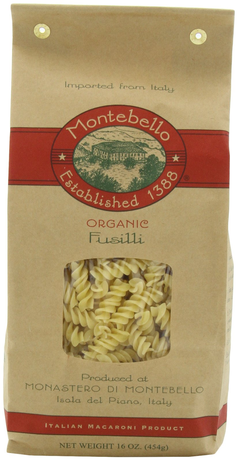 Montebello Organic Pasta, Fusili, 16-Ounce Bag (Pack of 5)