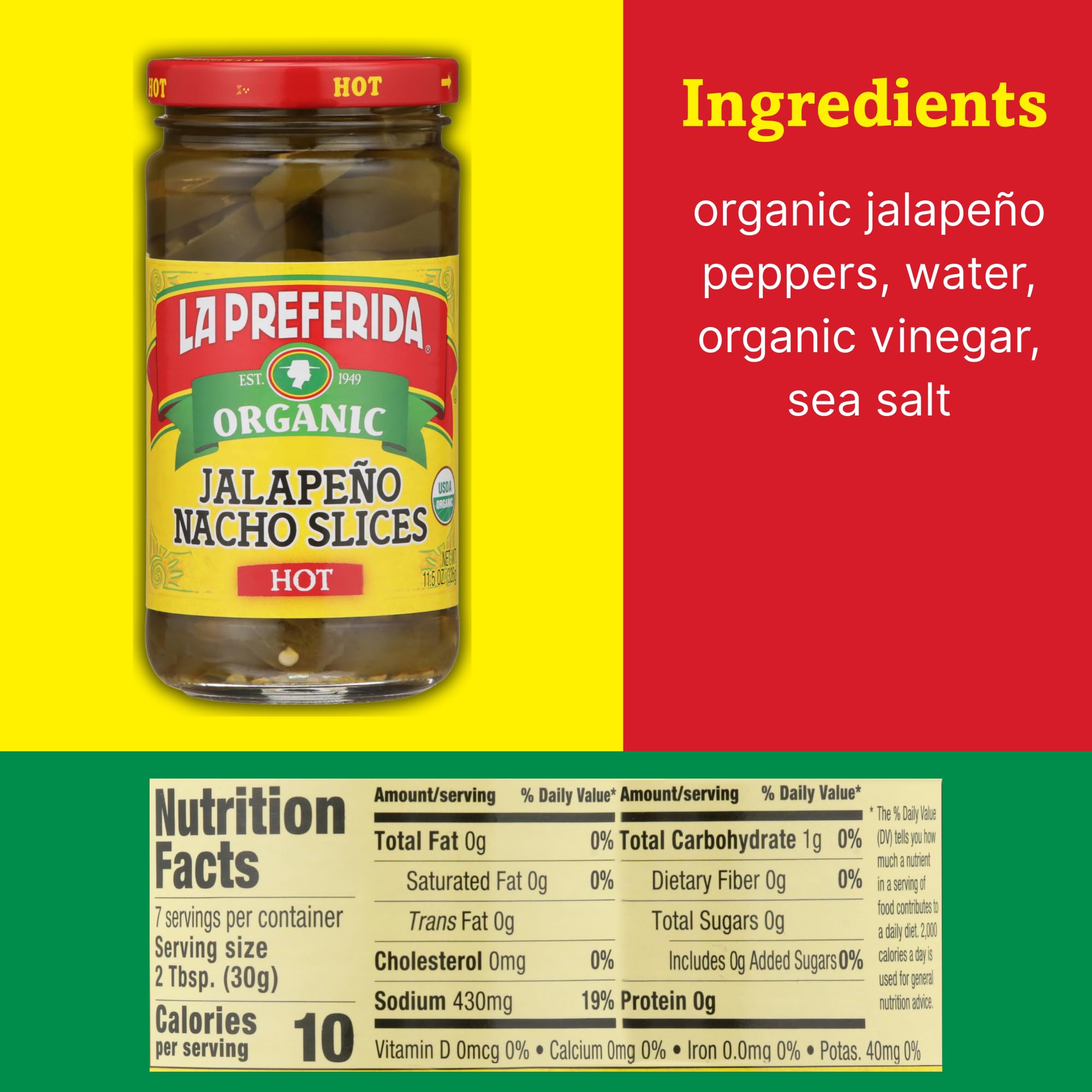 La Preferida Organic Hot Jalapeño Nacho Slices (Spicy Pickled Peppers with Carrots) – USDA Certified, No Added Sugar. Great on Nachos, Tacos & Bowls, 11.5oz.