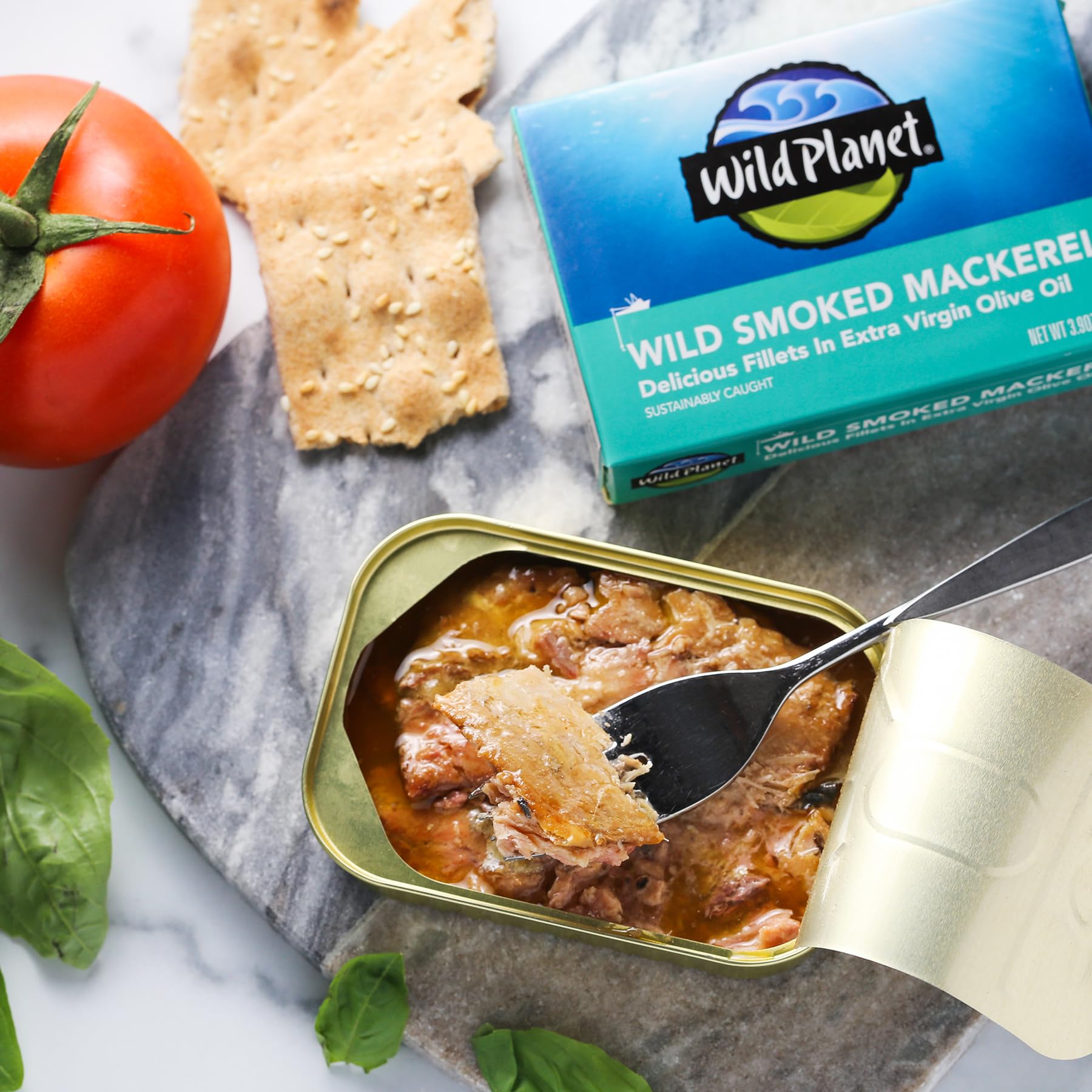 Wild Planet Wild Smoked Mackerel Fillets in Extra Virgin Olive Oil, Tinned Fish, Canned Salmon, Sustainably Wild-Caught, Non-GMO, Keto and Paleo, 3.9 oz