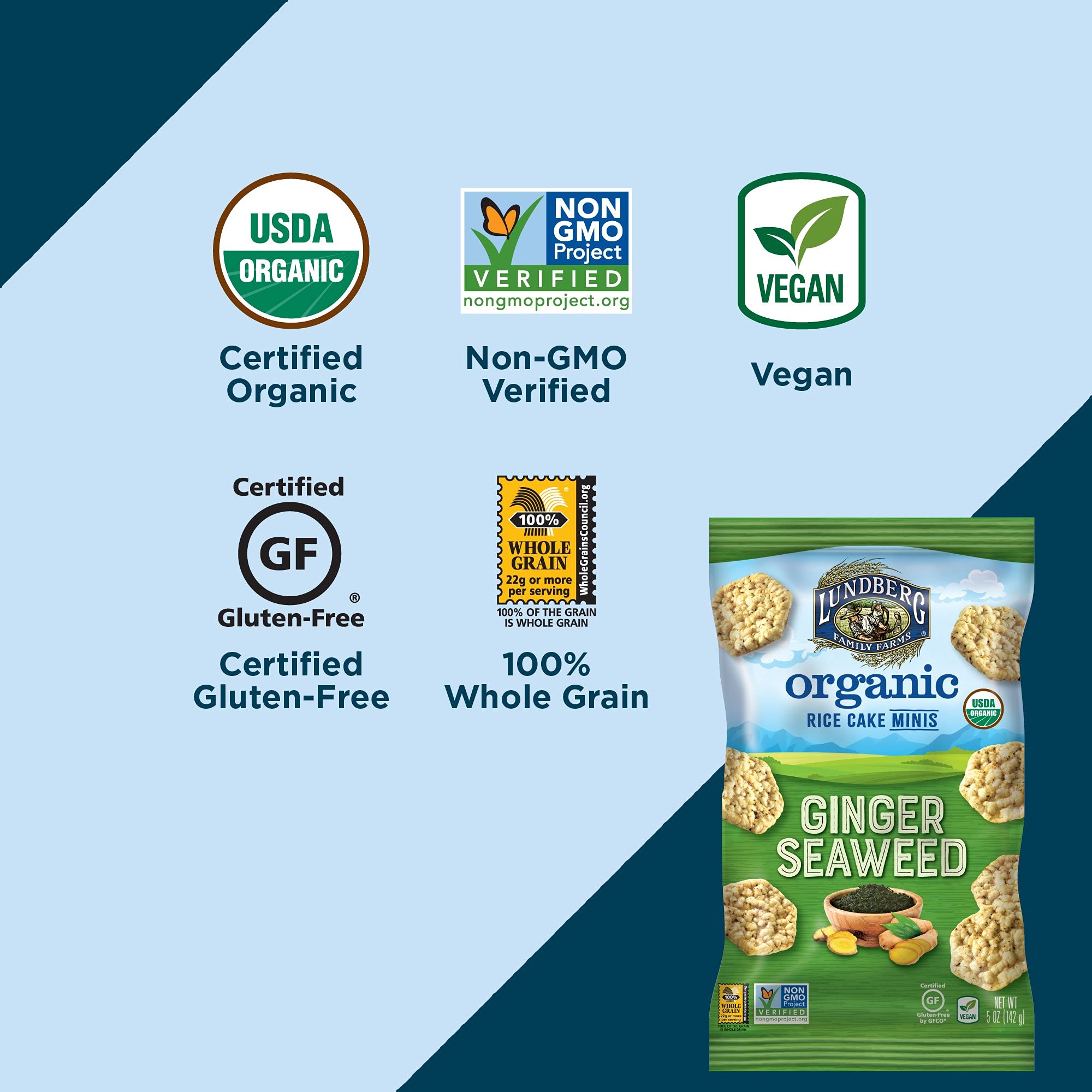 Lundberg Organic Ginger Seaweed Rice Cake Minis, 5oz, Gluten-Free, Vegan, Whole Grain, USDA Certified Organic, Non-GMO Project Verified