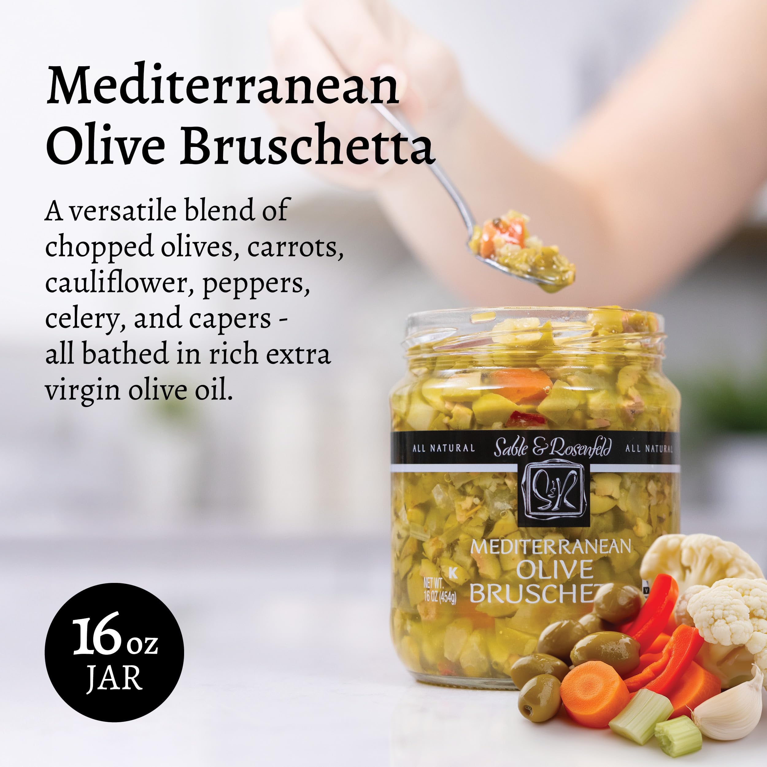 Mediterranean Olive Bruschetta - Gluten-Free Sandwich Spread with Olive Oil for Muffuletta, Sandwiches, Dips, Crackers, Salads, & Appetizers, Kosher - Sable & Rosenfeld