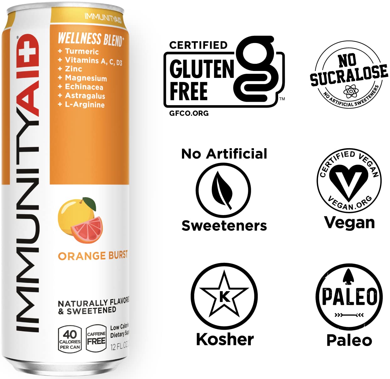 LIFEAID Wellness Blend with Echinacea Zinc Astragalus Vitamin C Only 45 Calories 100 Clean Vegan GlutenFree No Artificial Flavors Sodium or Caffeine cans Can, IMMUNITYAID, 12 Fl Oz
