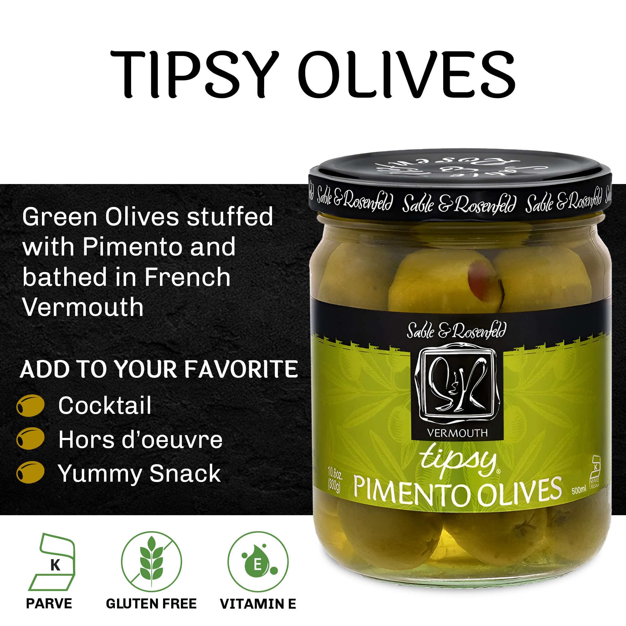 Tipsy Green Olives Stuffed with Pimento - Martini Stuffed Colossal Cocktail Olives with French Vermouth for Bloody Mary Condiments - Sable & Rosenfeld