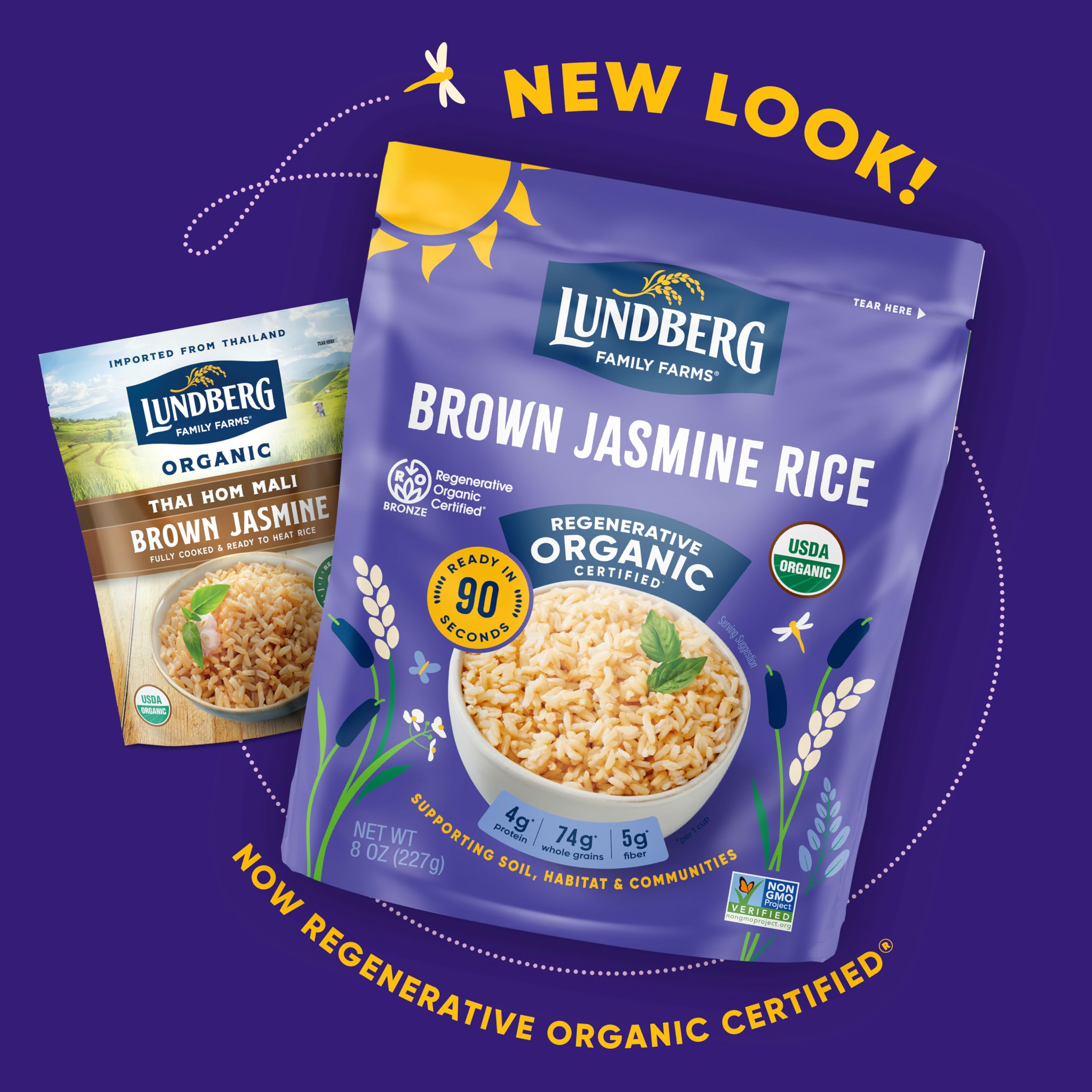 Lundberg Brown Jasmine Rice, Ready in 90 Seconds – RegenerativeOrganic Certified Long Grain Brown Rice, Microwavable, Fluffy, Non-Sticky, Aromatic Organic Rice, 8 Oz