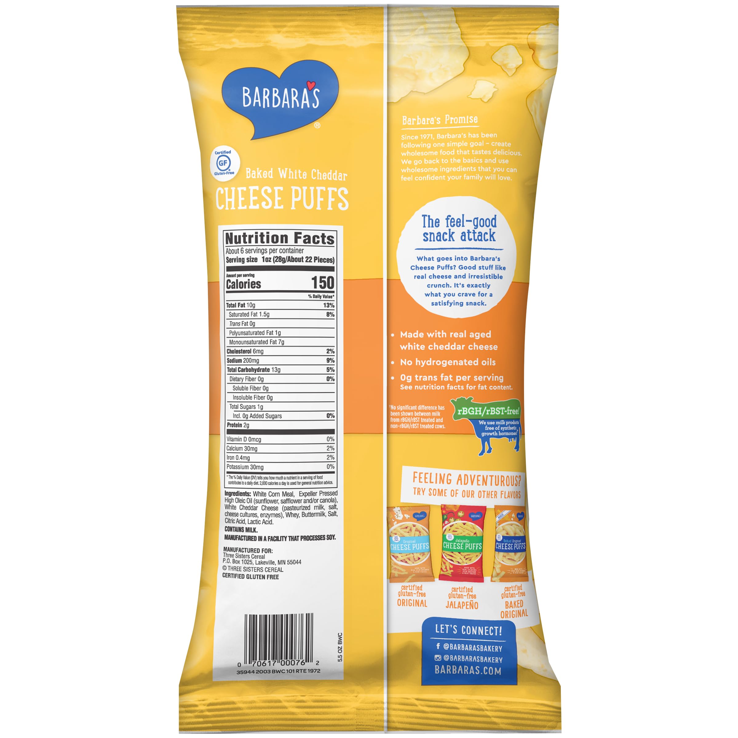 Barbara's Original Cheese Puffs, Cheddar Puff Kids Snack Made With Real Aged Cheddar and Blue Cheese, Gluten Free Snack