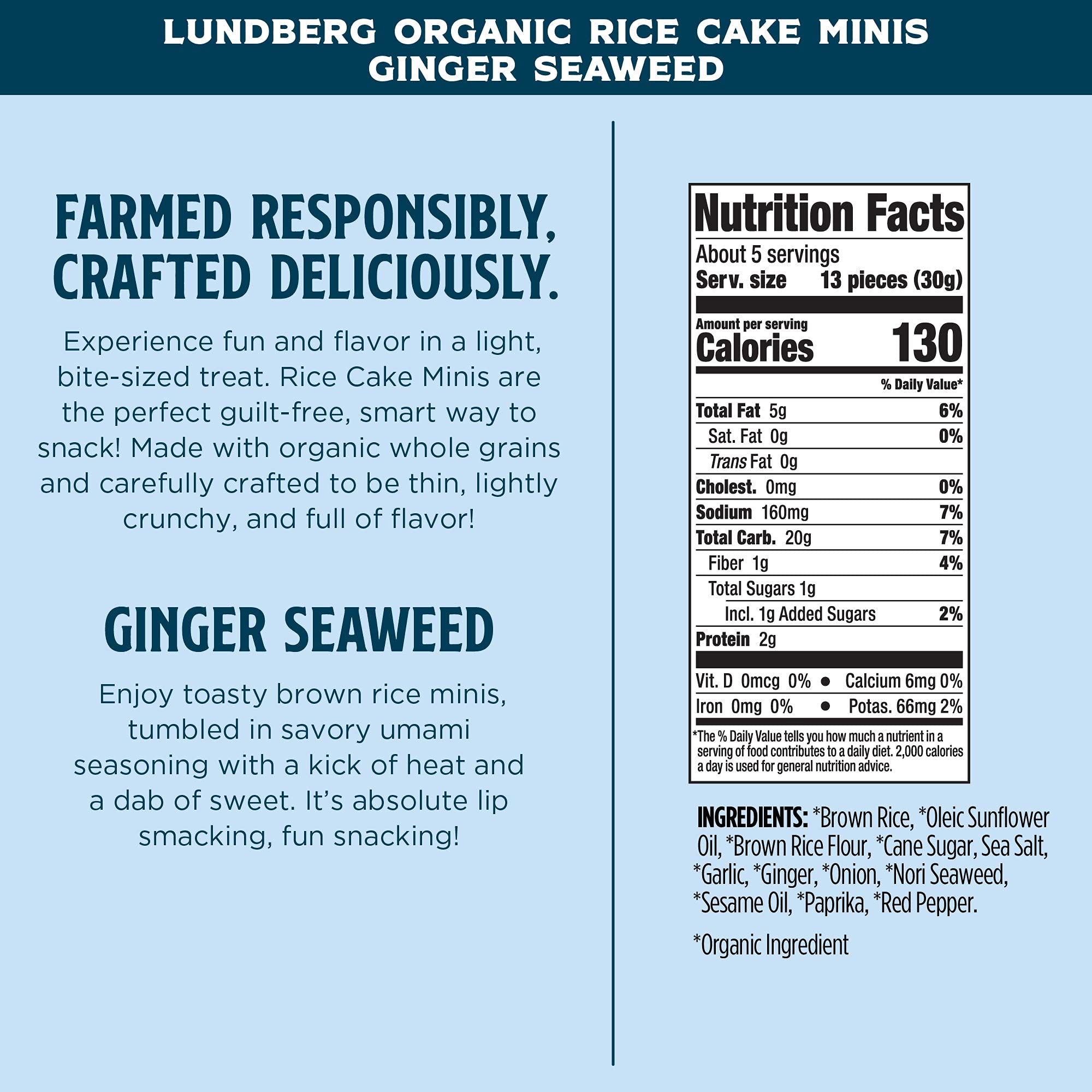 Lundberg Organic Ginger Seaweed Rice Cake Minis, 5oz, Gluten-Free, Vegan, Whole Grain, USDA Certified Organic, Non-GMO Project Verified