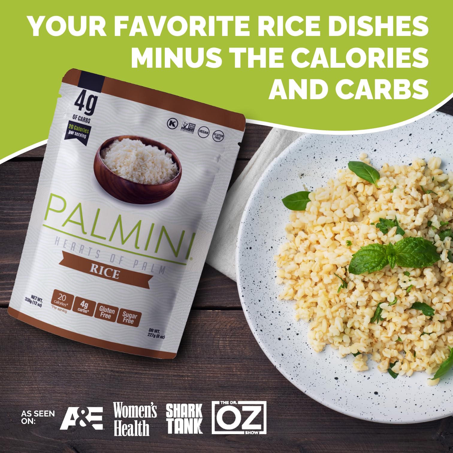 Palmini Rice | Low-Carb, Low-Calorie Hearts of Palm Rice | Keto, Gluten Free, Vegan, Non-GMO & Healthy | As seen on Shark Tank