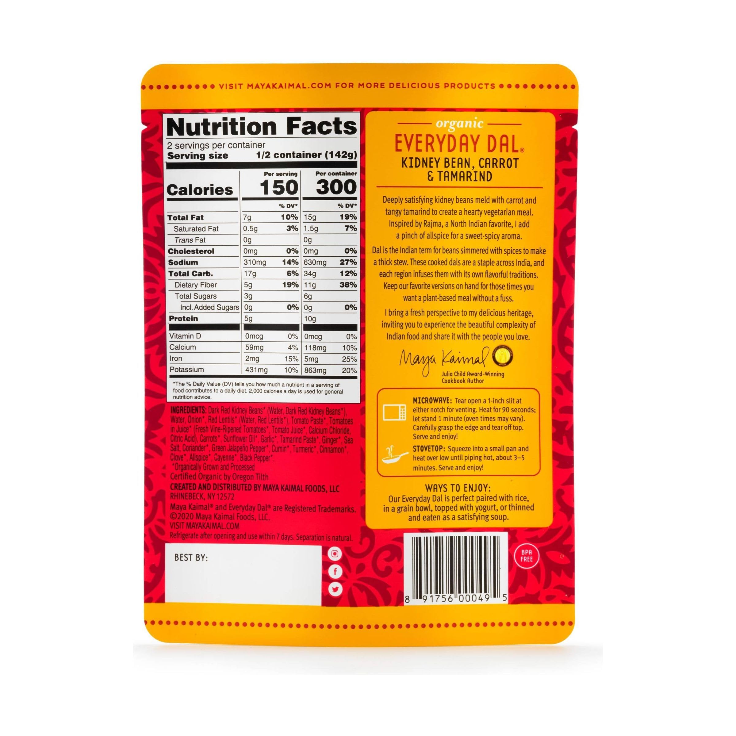 MAYA KAIMAL Organic Kidney Beans, Carrots & Tamarind Everyday Dal, 10 OZ