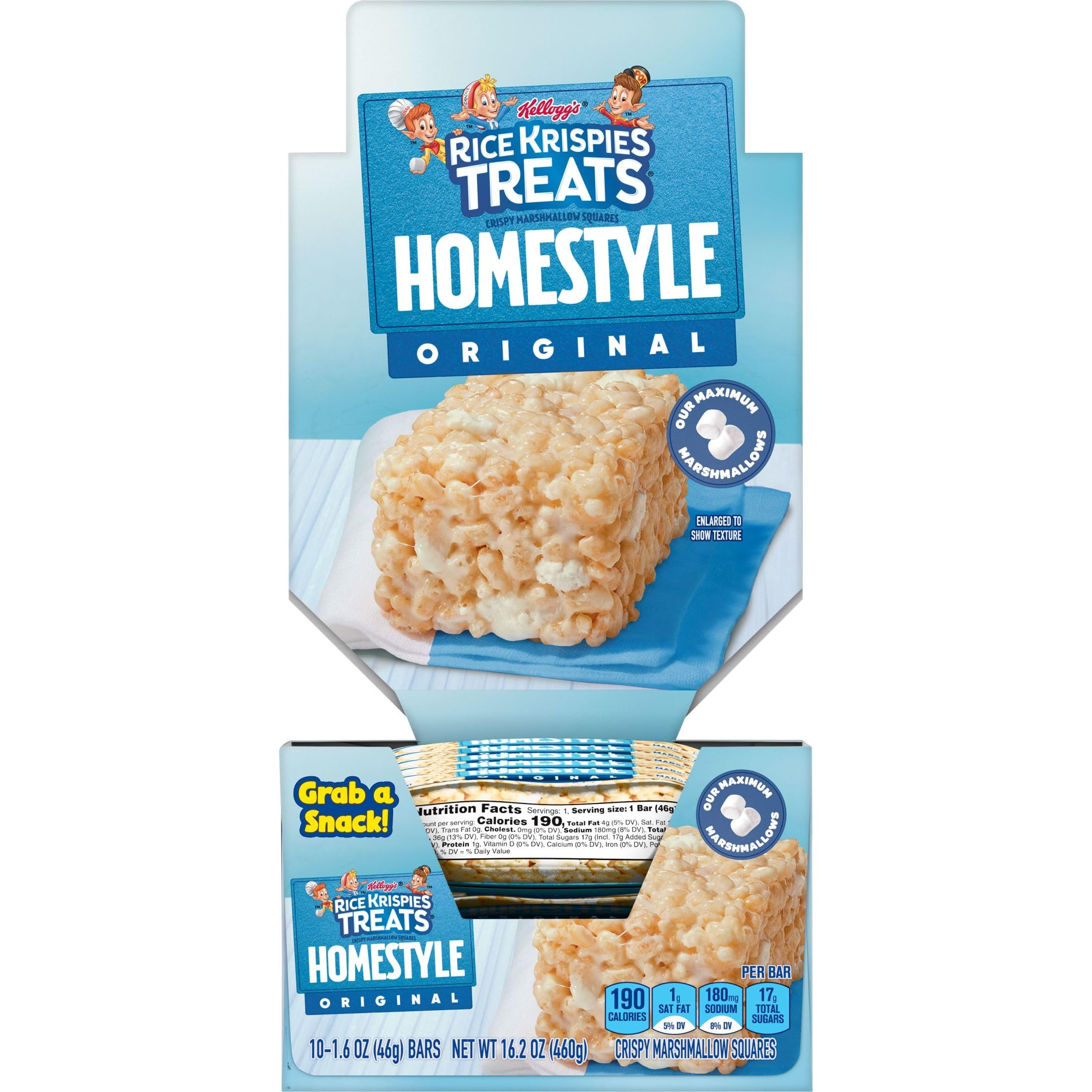 Rice Krispies Treats Homestyle Crispy Marshmallow Squares, Kids Snacks, Lunch Snacks, Original, 16.2oz Box (10 Bars)