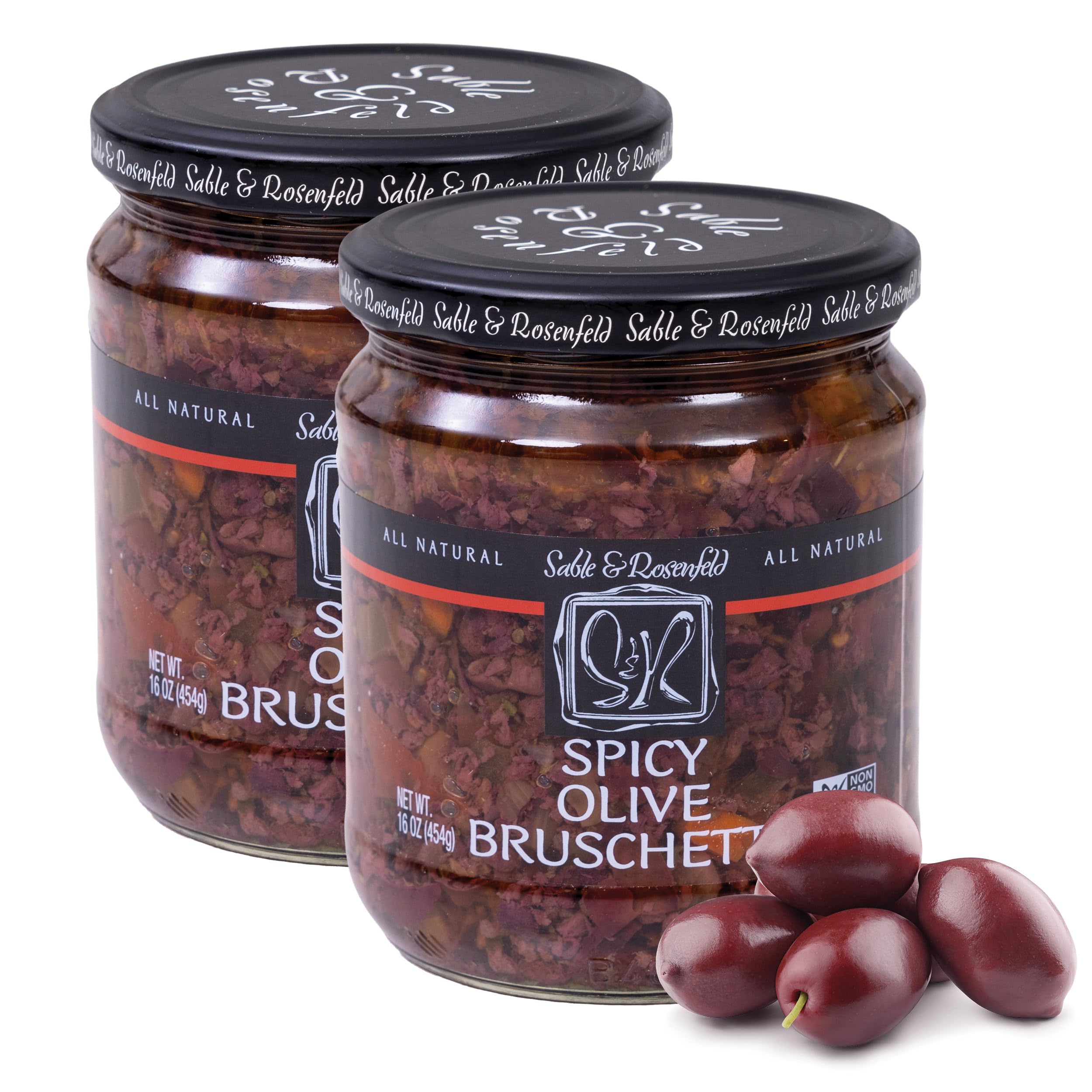 Spicy Olive Bruschetta - Kalamata Sandwich Spread with Peppers and Olive Oil for Muffuletta, Sandwiches, Dips, Crackers, Salads, & Appetizers, Non-GMO - Sable & Rosenfeld - 16 oz