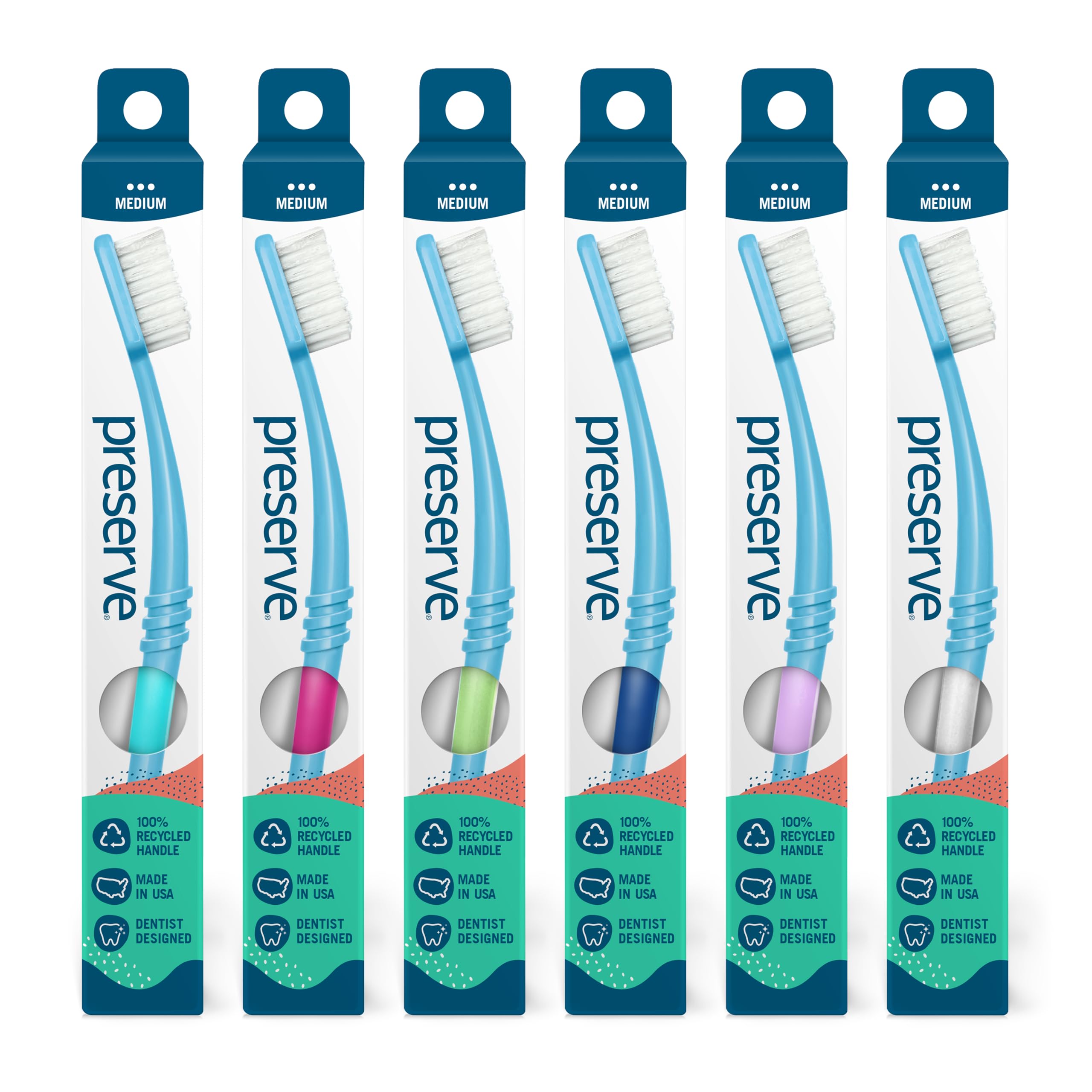 Preserve Eco Friendly Adult Toothbrushes, Made in The USA from Recycled Plastic, Bristles Vary, Colors Vary, 6 Count