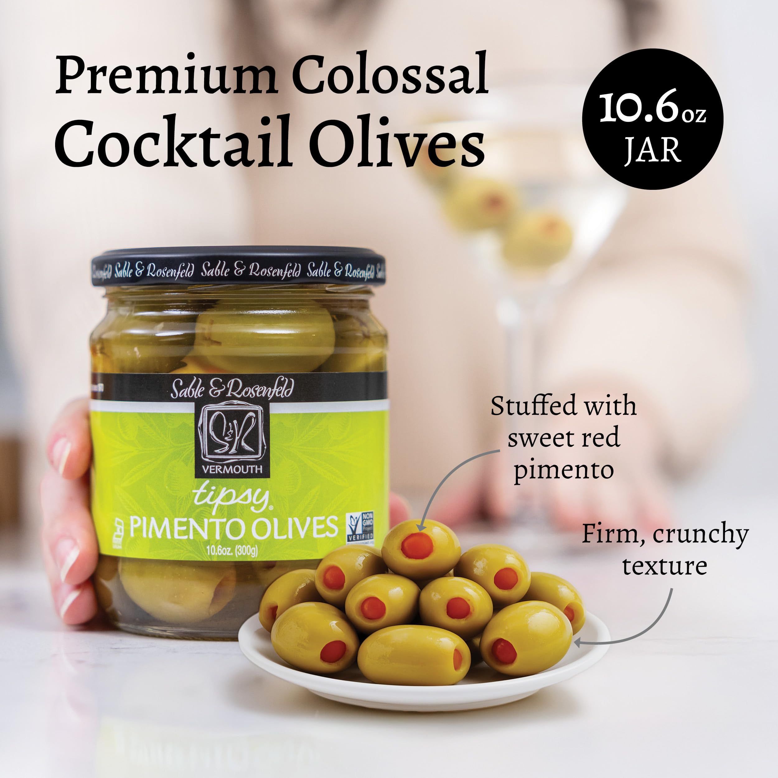 Tipsy Green Olives Stuffed with Pimento - Martini Stuffed Colossal Cocktail Olives with French Vermouth for Bloody Mary Condiments - Sable & Rosenfeld