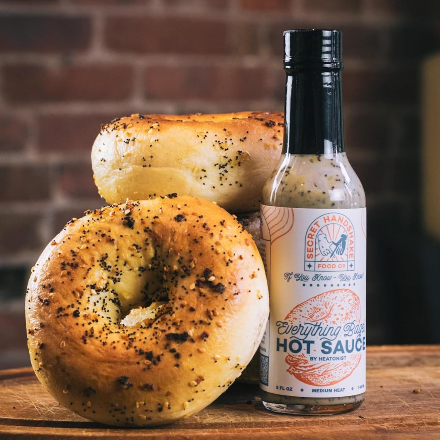 Everything Bagel Sauce by Secret Handshake Food Co., Mild Heat Hot Sauce With Flavors of Scorpion Pepper Powder, Sesame Seeds & Turmeric, Made With All Natural Ingredients, 5 fl oz Bottle (1-Pack)