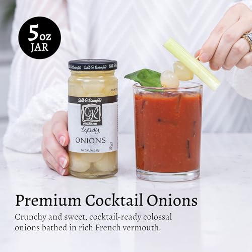 Tipsy Cocktail Onions in Jar with French Vermouth - Pickled Silverskin Onions for Cocktails, Appetizers, and Hors d'Oeuvres, Kosher Parve - Sable & Rosenfeld - 5 oz