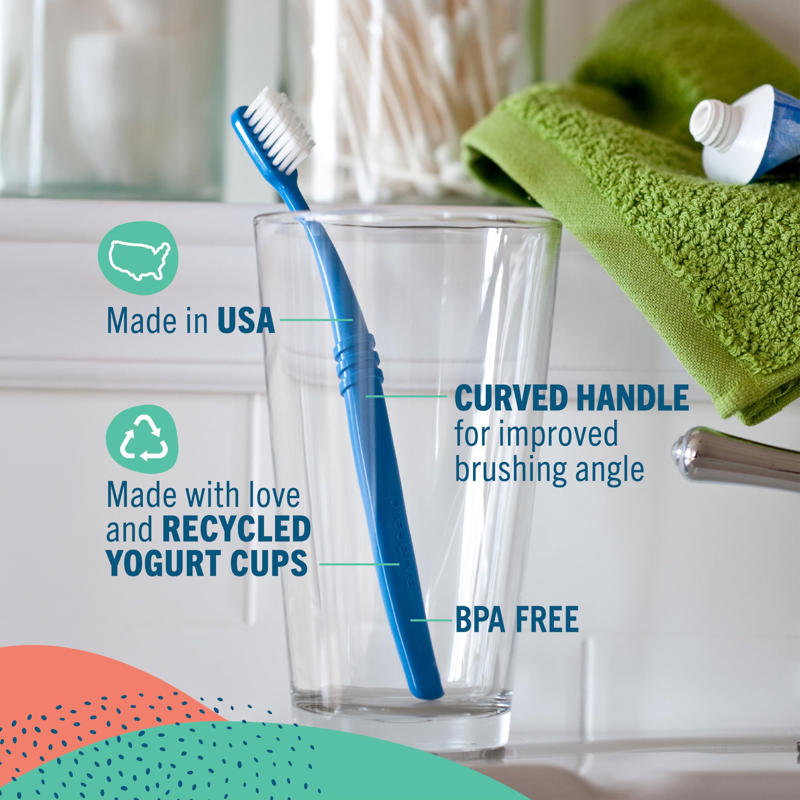Preserve Eco Friendly Adult Toothbrushes, Made in The USA from Recycled Plastic, Bristles Vary, Colors Vary, 6 Count